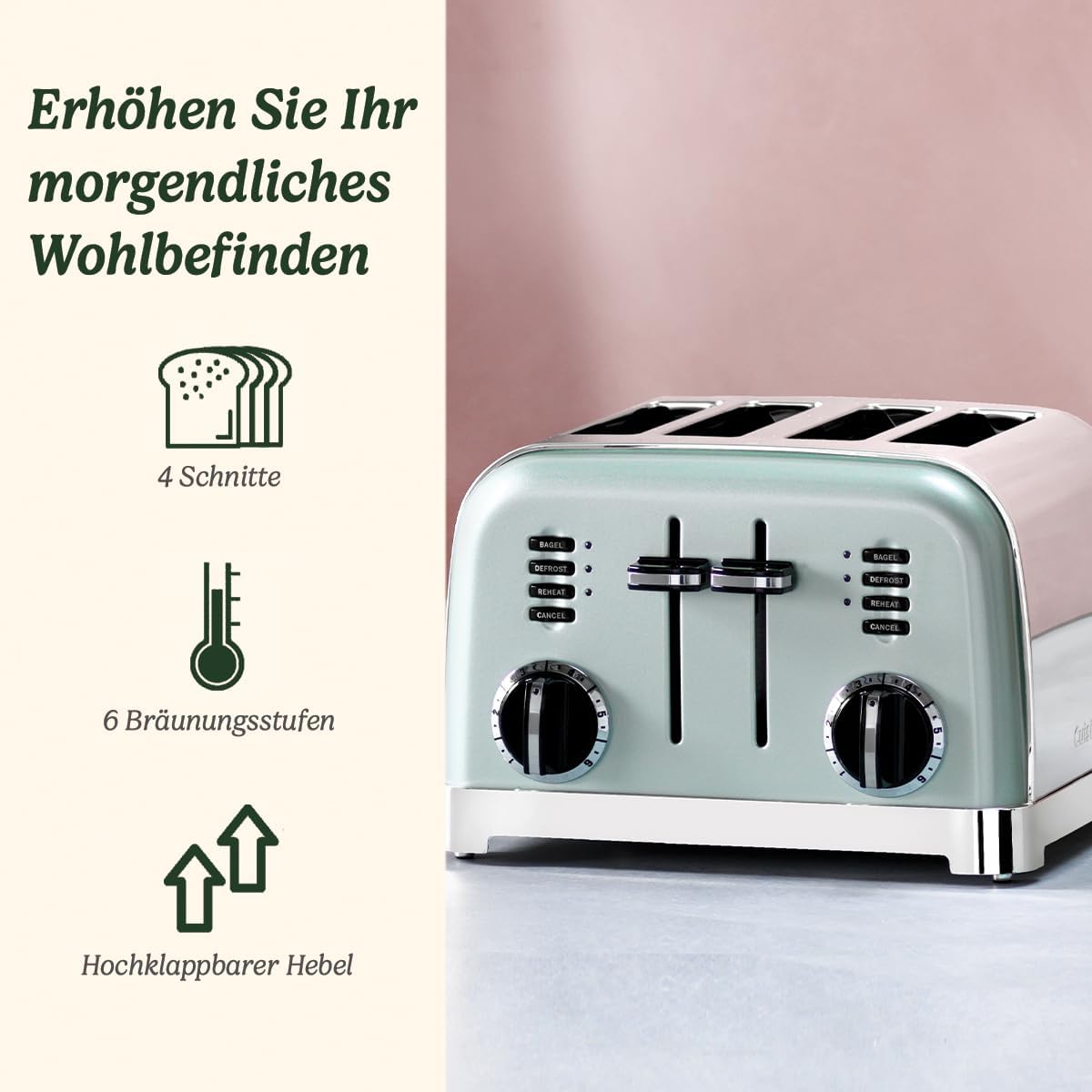 4-Scheiben-Toaster mit breiten Schlitzen und 6 Bräunungsstufen, 4-Scheiben Pistaziengrün