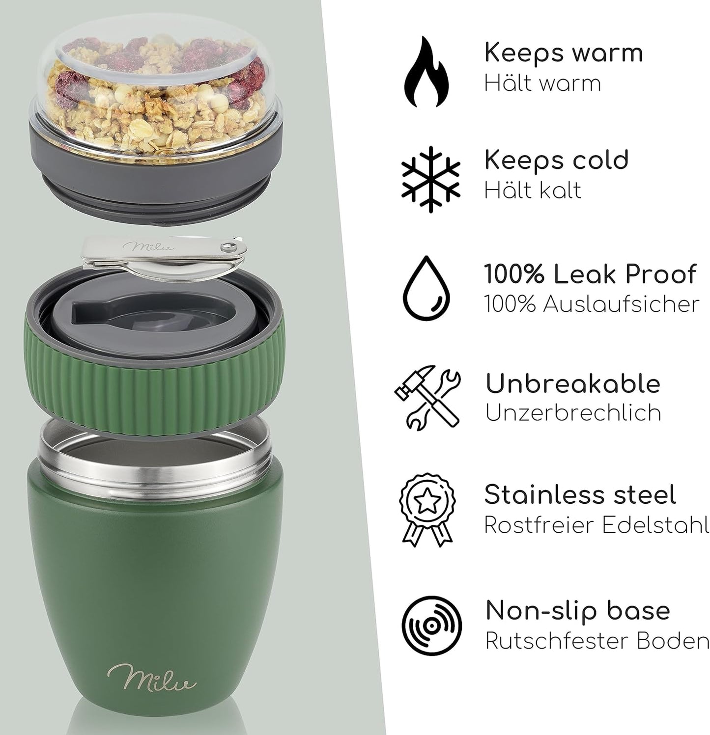 Isolierter Müslibecher mit Löffel, Olivgrün Edelstahl