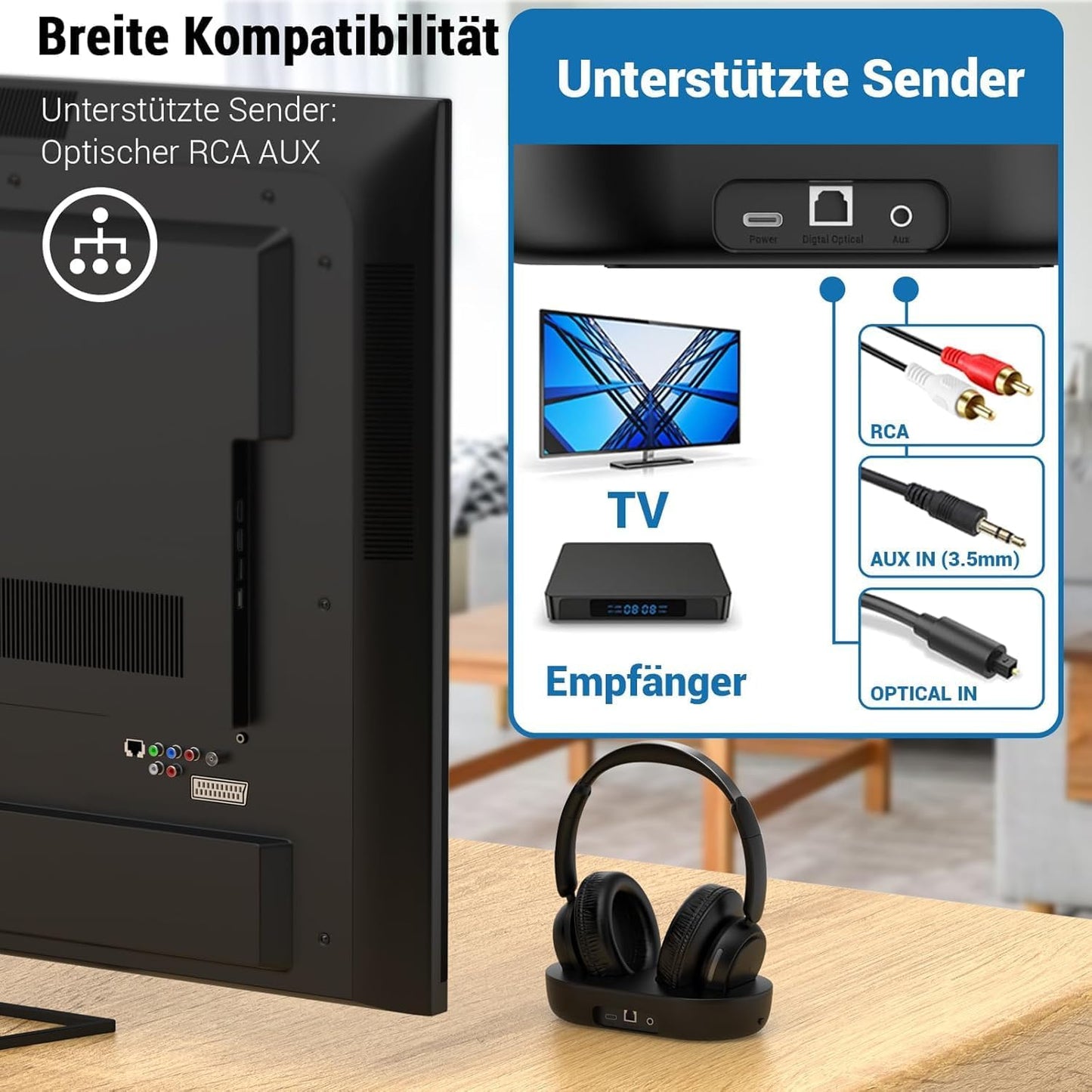 Kabellose TV-Kopfhörer mit Ladestation, SchwarzBlau Standard