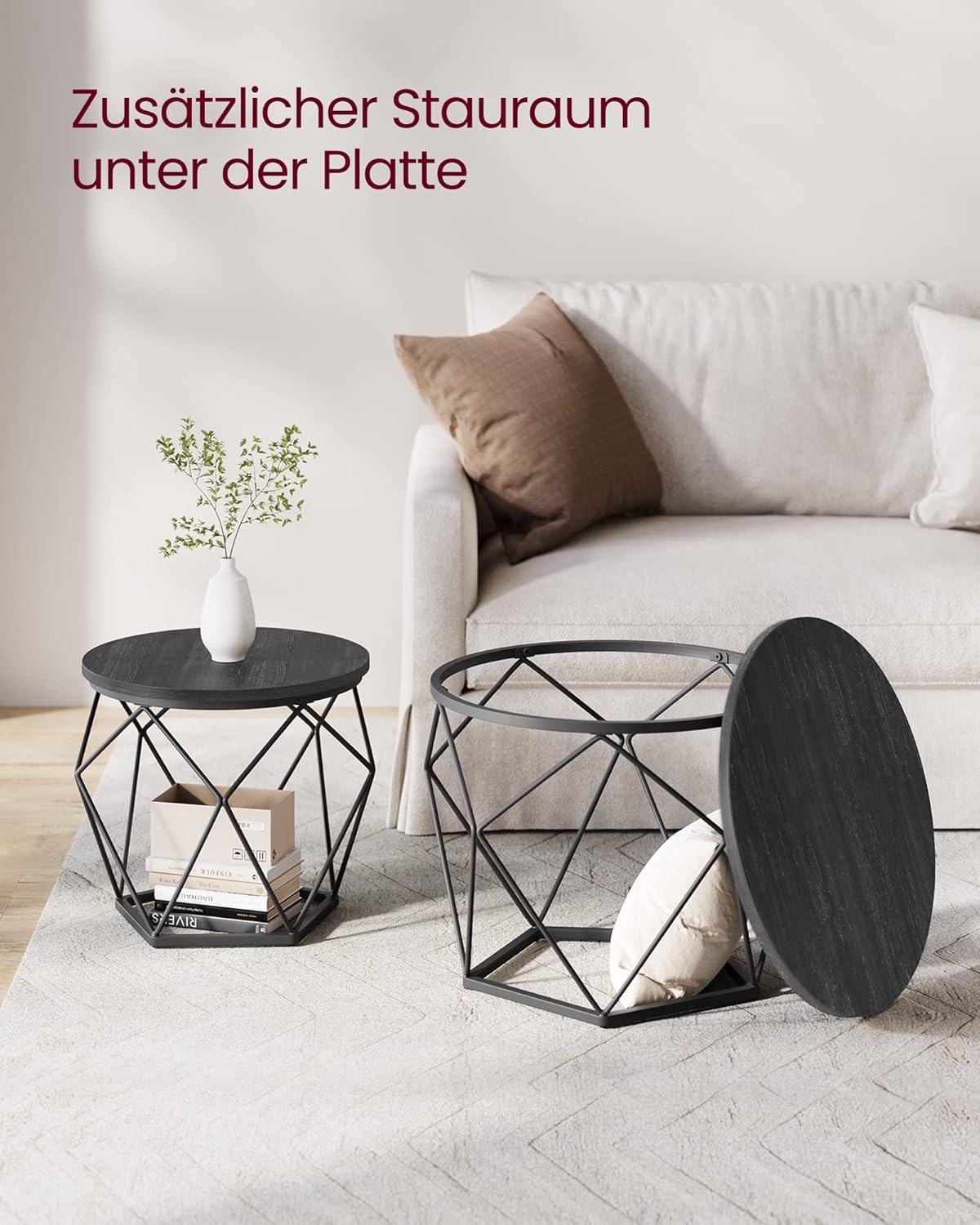 Runder Couchtisch 2er-Set mit abnehmbarer Platte, LCT041B22, 60 cm d, 45 cm H Tintenschwarz