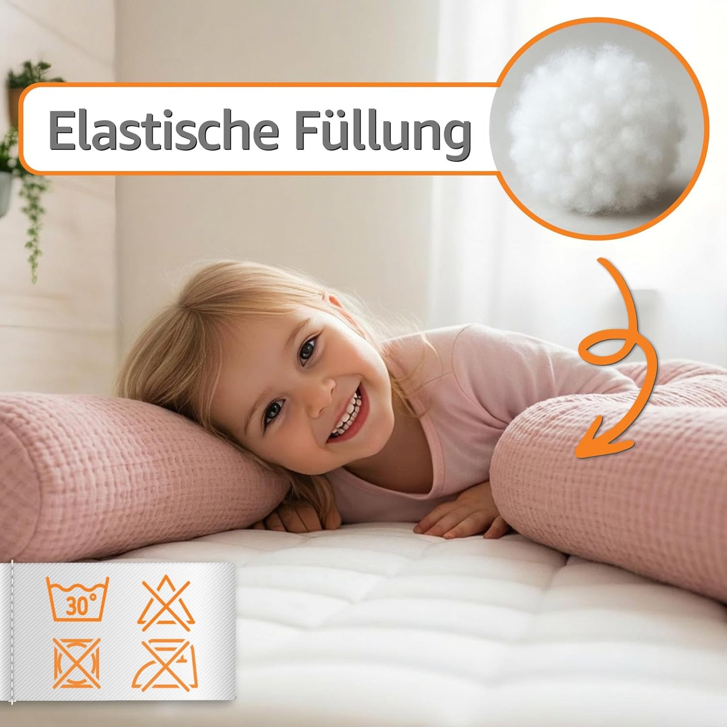 Bettschlange mit waschbarem Bezug, Puderrosa Musselin 150 cm