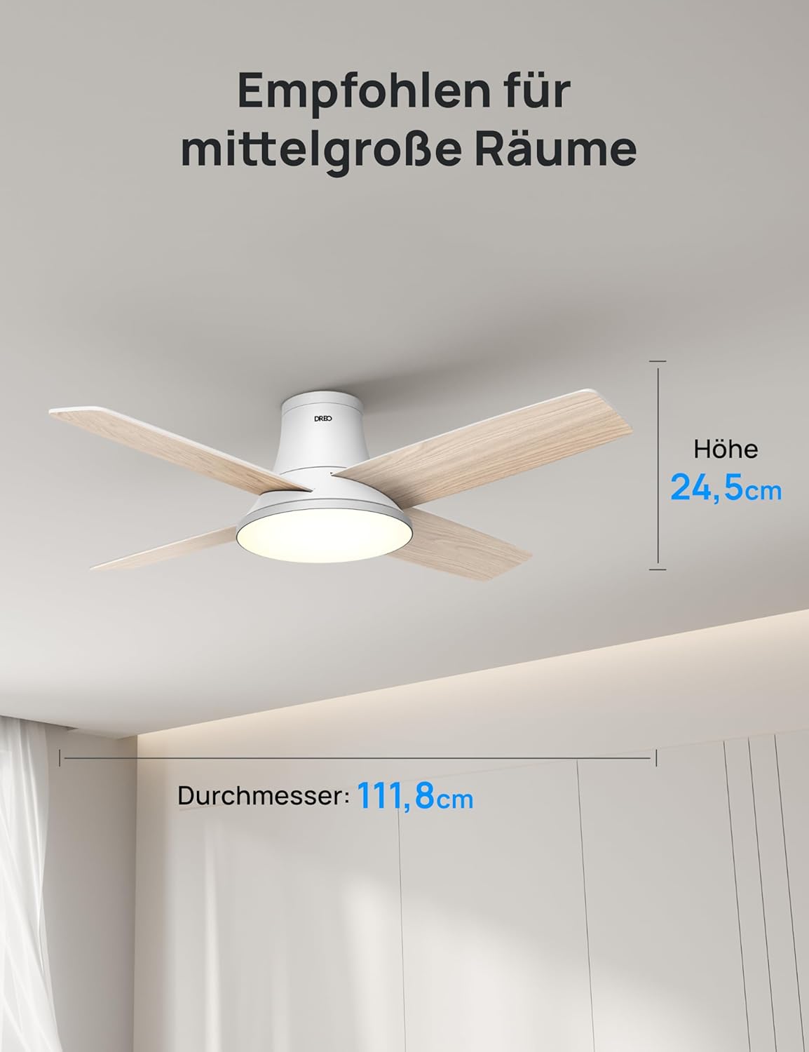 Deckenventilator mit Licht und Fernbedienung, Weisse Holzmaserung
