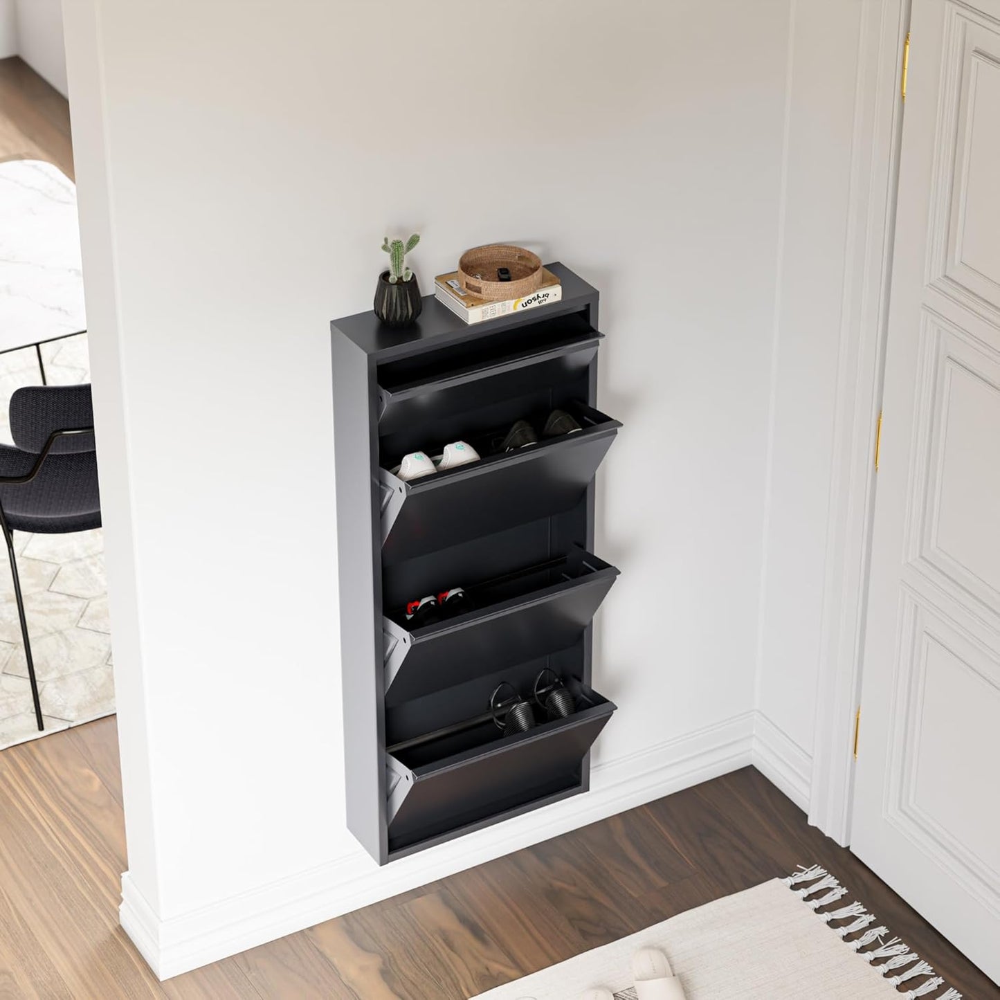 Schuhschrank mit 4 Klappen für 6 Paar Schuhe, Grau mit 3+1 Klappen