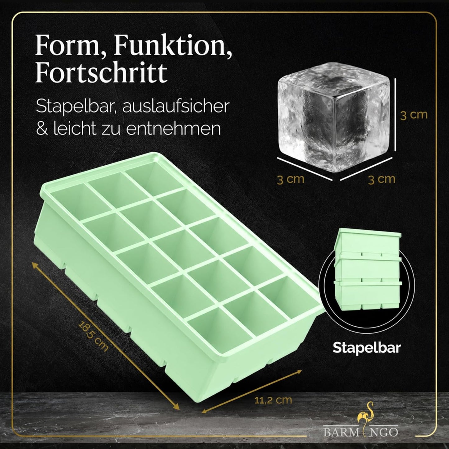 3er Set Eiswürfelform mit Deckel, 15 XXL Würfel Pastell Grün 3