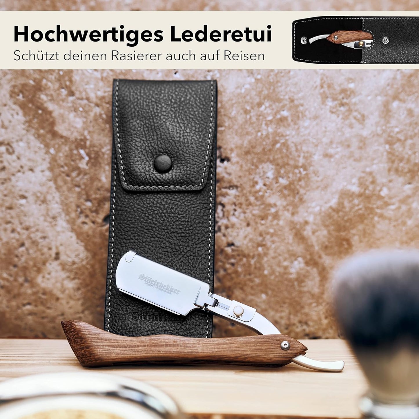Rasiermesser mit Lederetui, Holz - Schwarz
