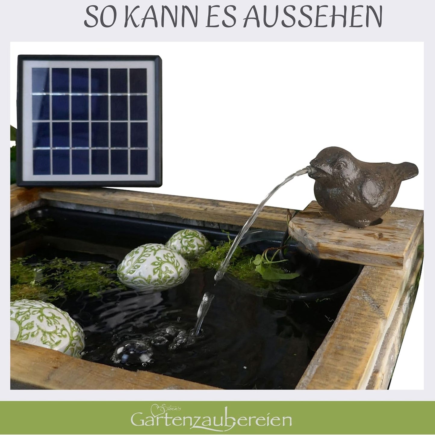 Wasserspeier Spatz mit Solar-Pumpe Teichdeko