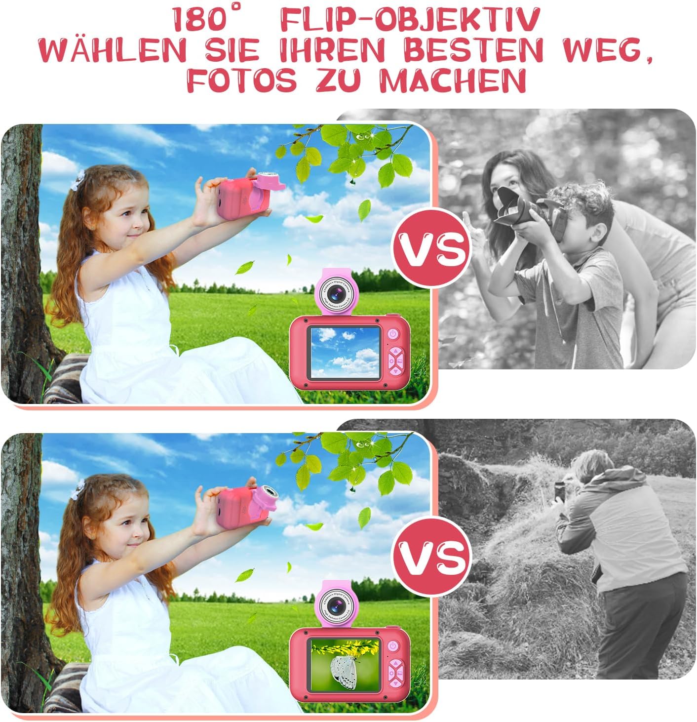 Kinderkamera mit 180° Flip-Objektiv & IPS-Bildschirm, Rosenrot