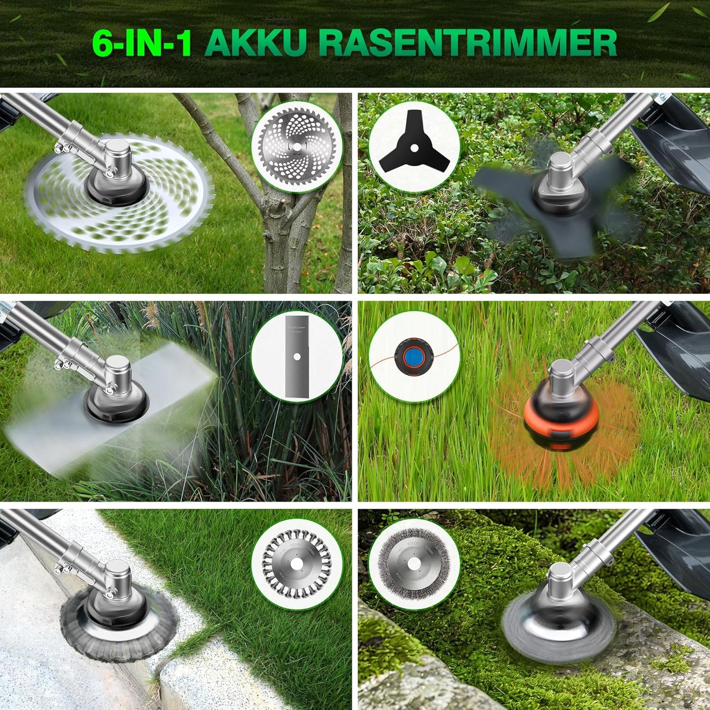 6-in-1 Akku-Rasentrimmer mit Unkrautbürste