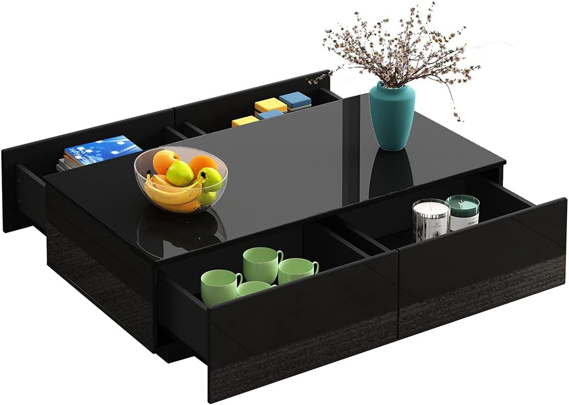 Moderner Couchtisch mit 4 Schubladen, Schwarz