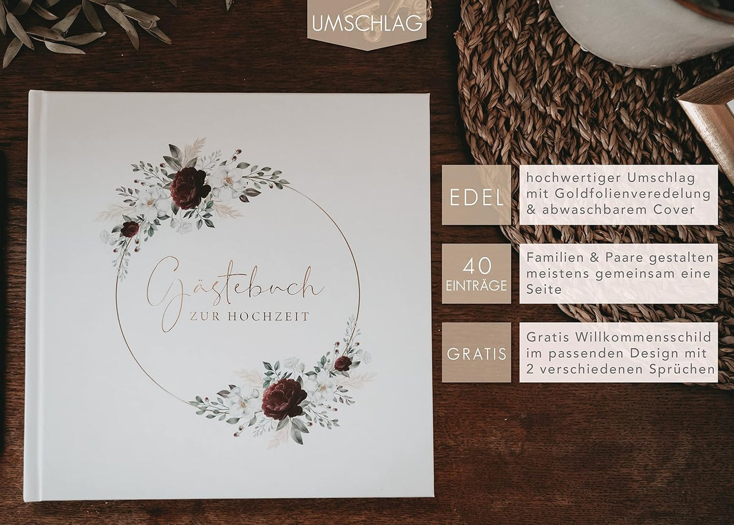 Hochzeit-Gästebuch mit Fragen zum Ausfüllen, mit Fragen Rot/Goldveredelung
