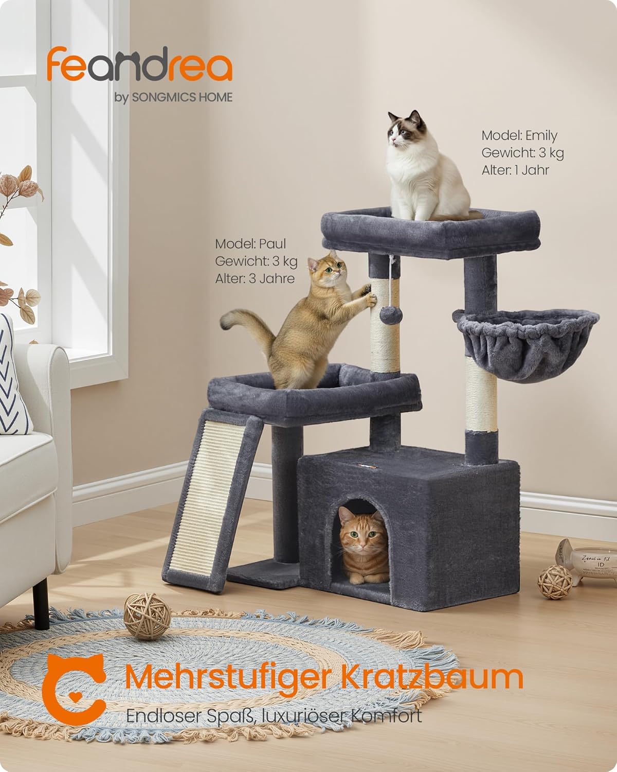 Kratzbaum mit Plattformen und Höhle, PCT013GS01, dunkelgrau M (92,5 x 58,9 x 85,8 cm)