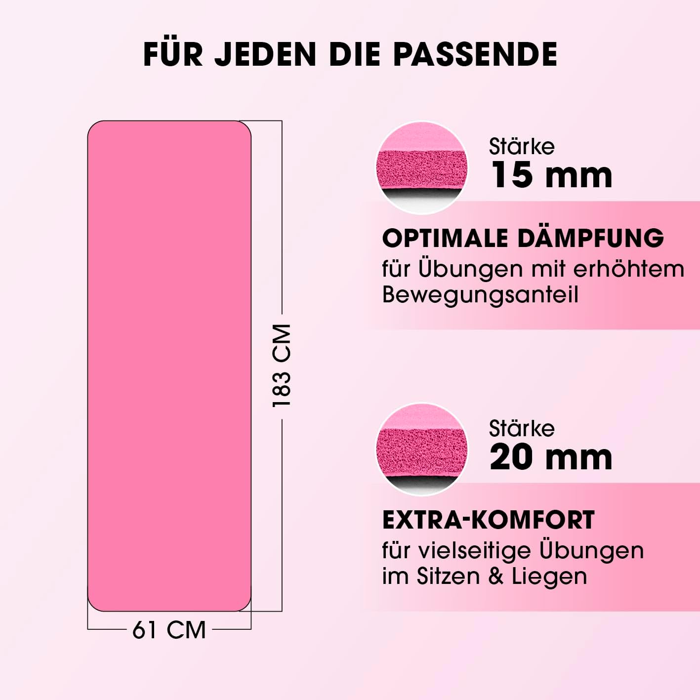 Gelenkschonende Gymnastikmatte, 183x61 cm, 183 x 61 x 2 cm Rose