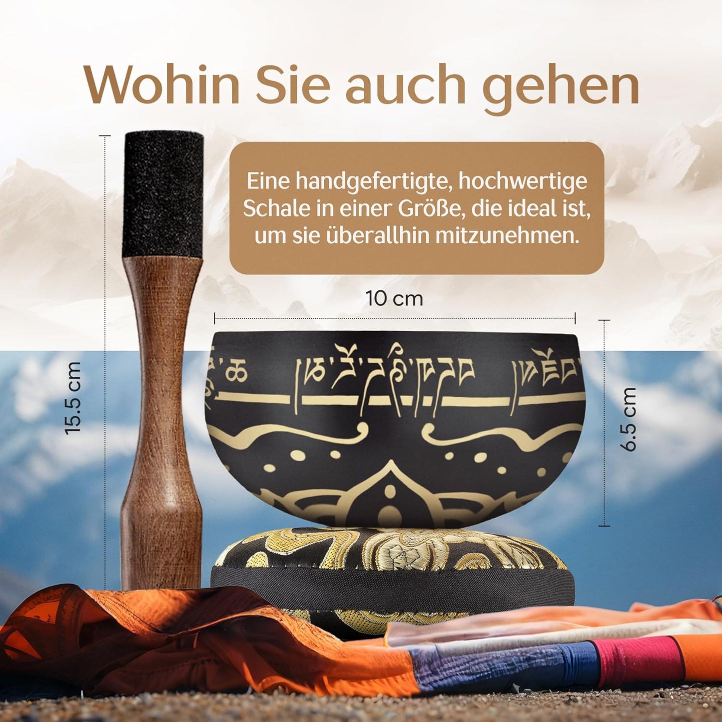 Tibetisches Klangschalen-Set mit Klöppel & Kissen, Kohleschwarz Ohne Tasche