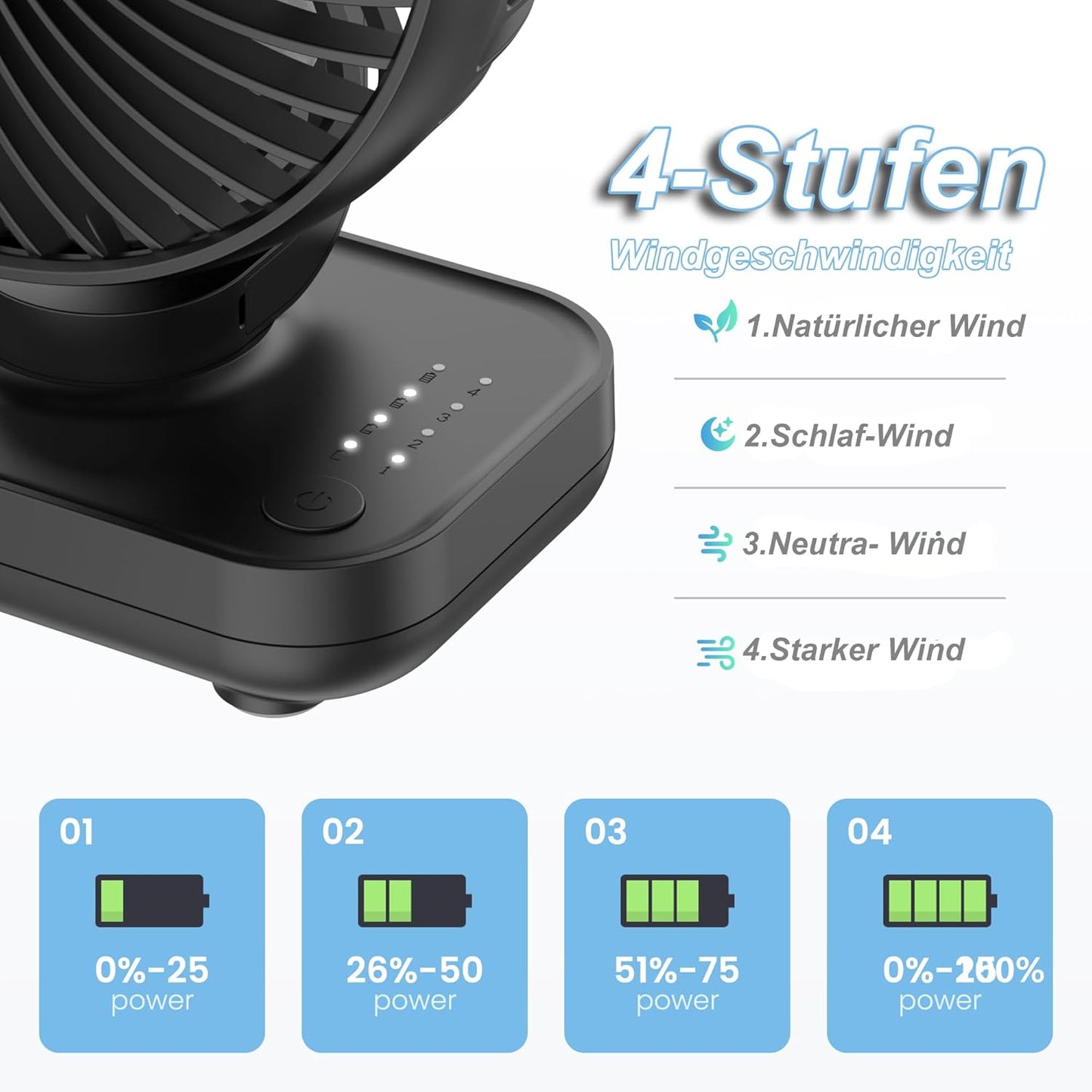 USB Mini-Tischventilator, akkubetrieben, Eisenhaltig