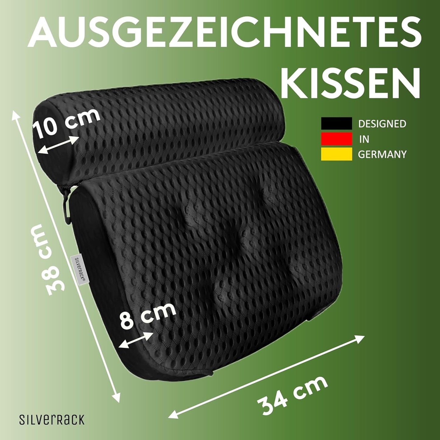 Badewannenkissen mit Saugnäpfen, ergonomisch, Schwarz 4d
