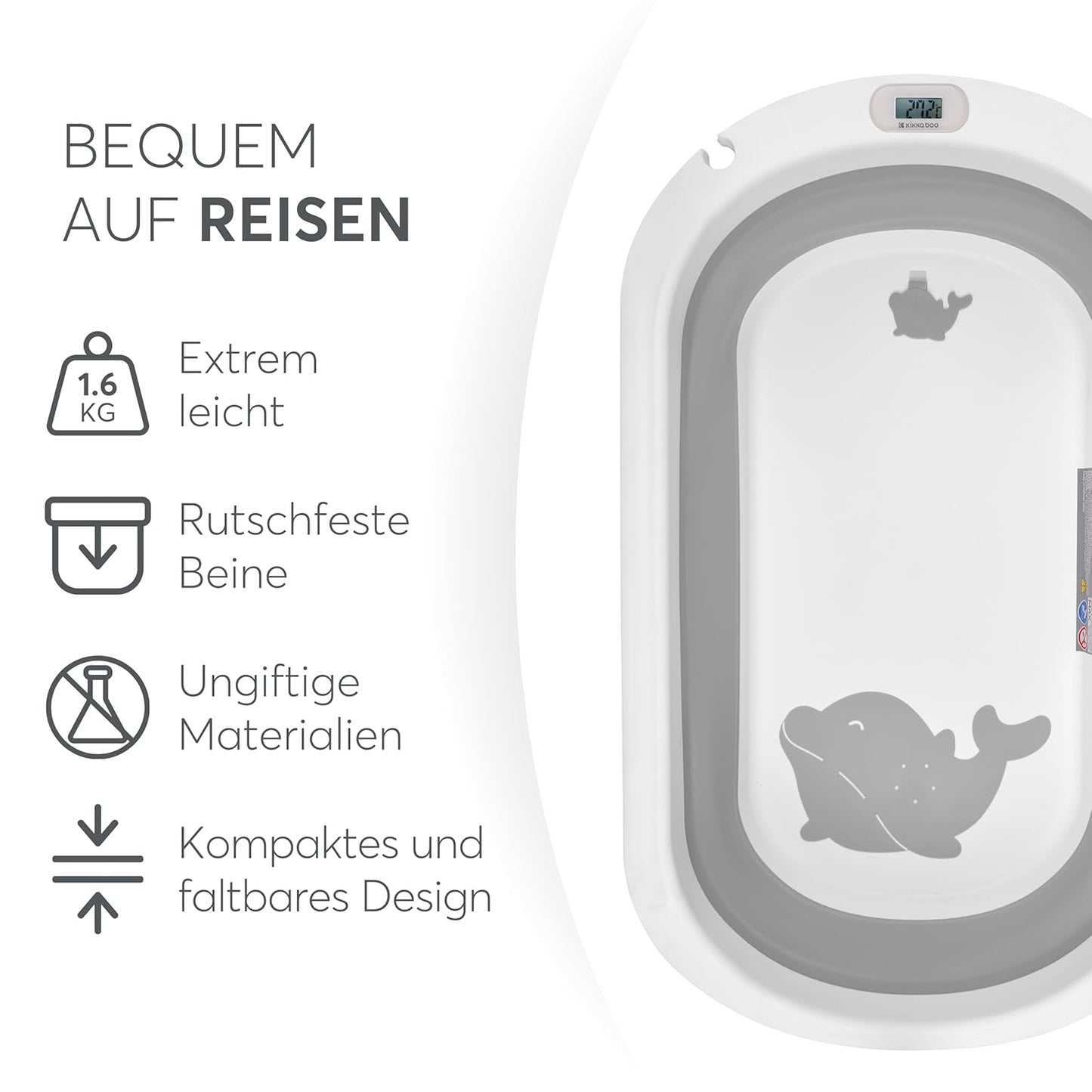 Faltbare Babybadewanne mit Temperaturanzeige, Grau