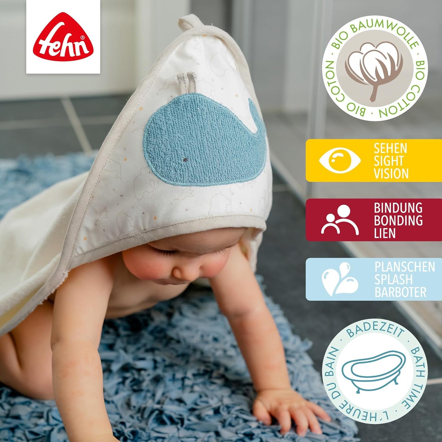 Baby-Badetuch & Waschhandschuh-Set Wal, Bade-Set Wal NATUR