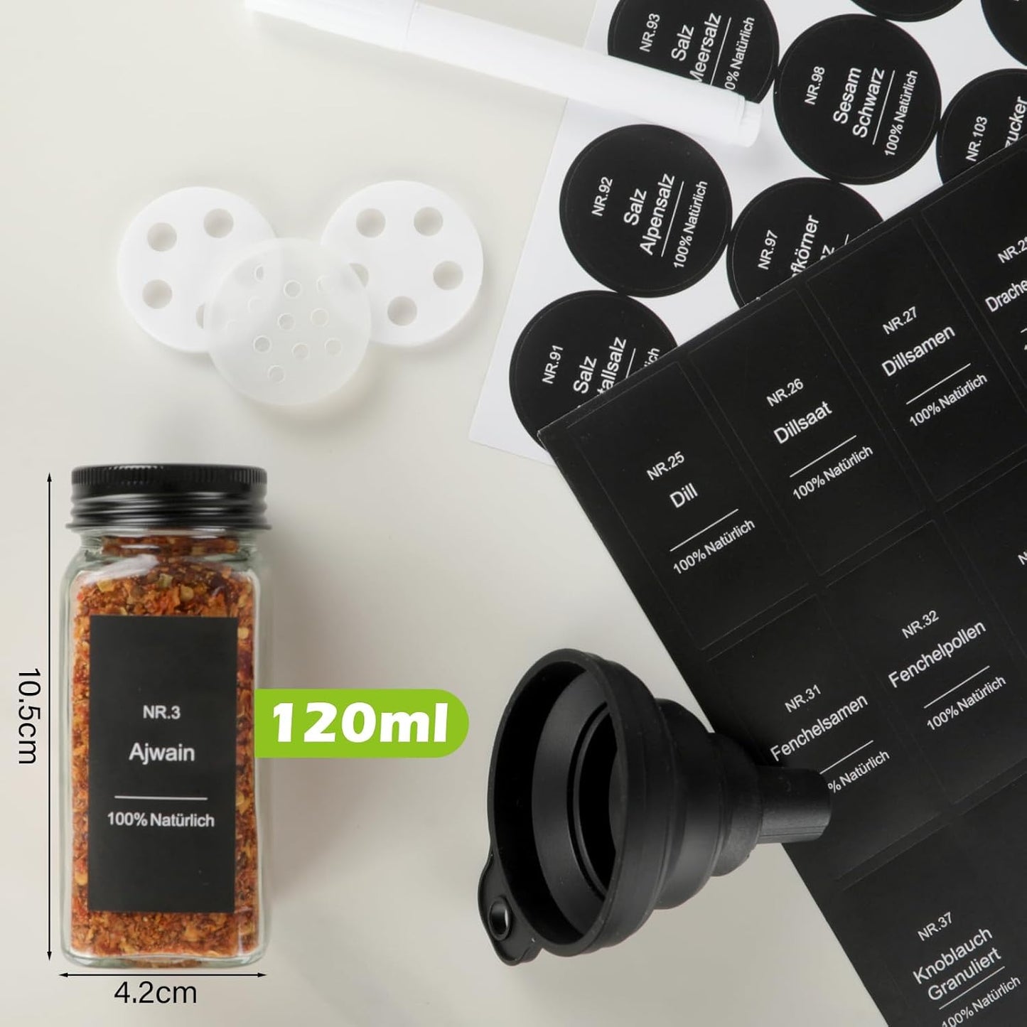 Gewürzgläser-Set mit Streueinsatz und Etiketten