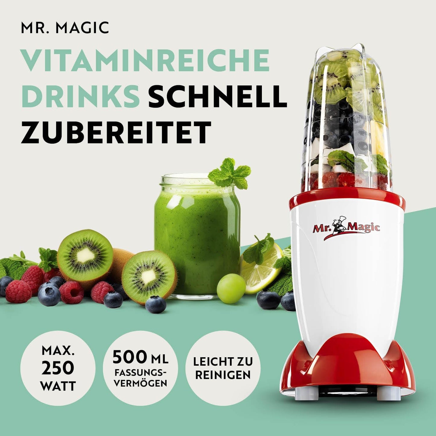 Mr. Magic Mixer Smoothie Maker Set, 4-tlg., Mr. Magic | 250W | M-Set, Weiss | Rot