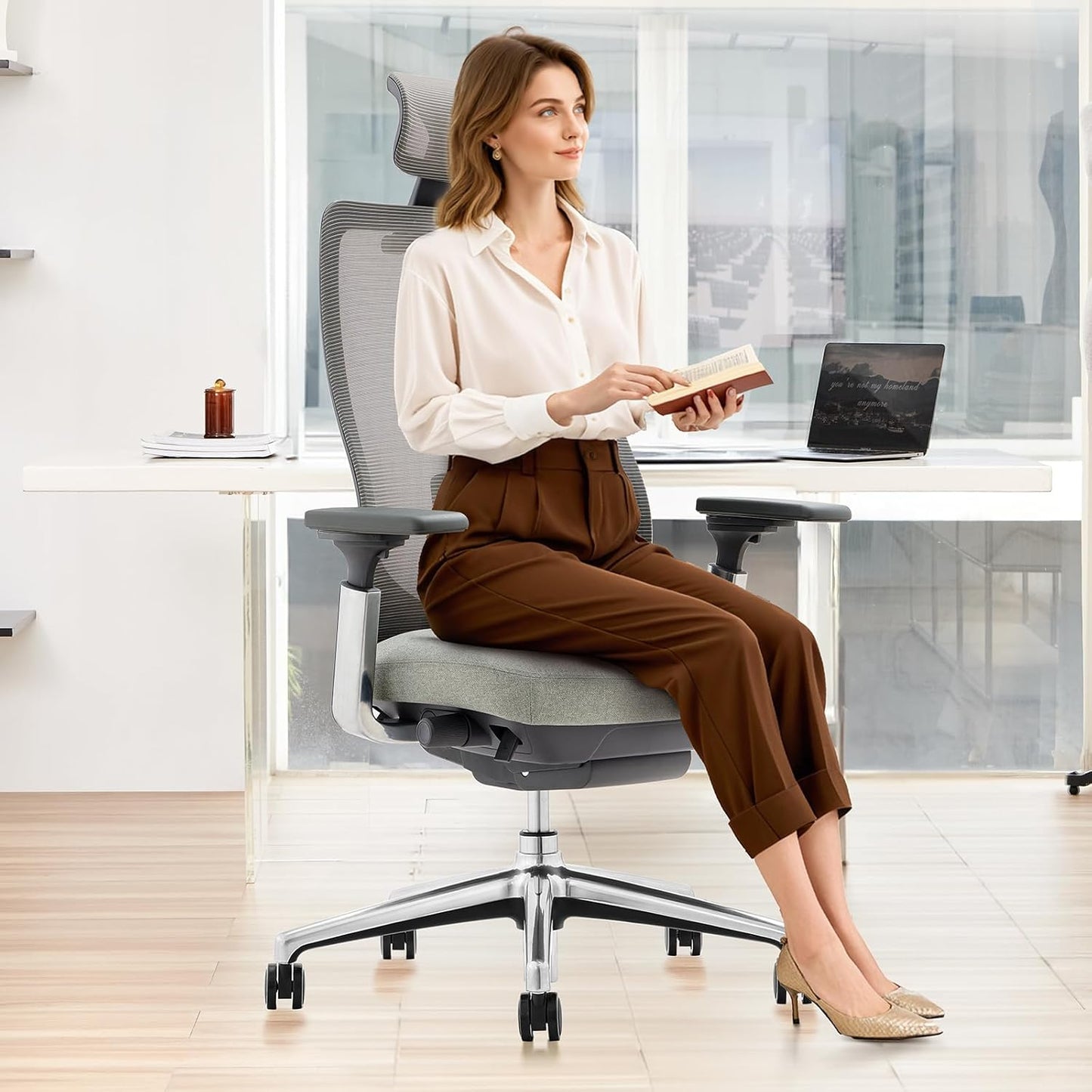 Ergonomischer Bürostuhl, Hellgrau Aluminium Basis