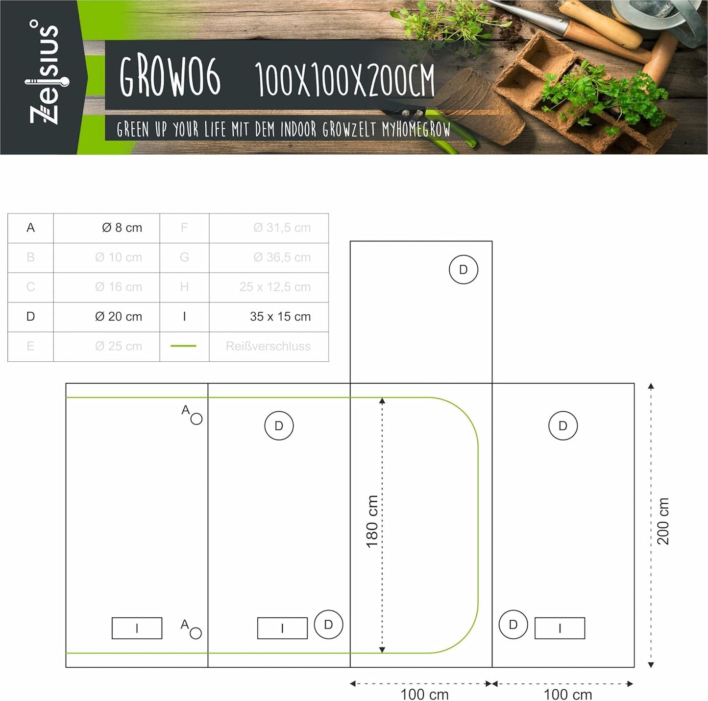 Growzelt MyHomeGrow, Schwarz 100 x 100 x 200 cm