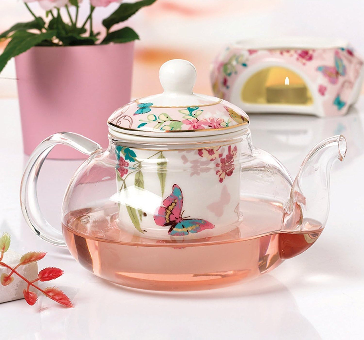 Teekanne mit Stövchen und Teesieb, Rosa