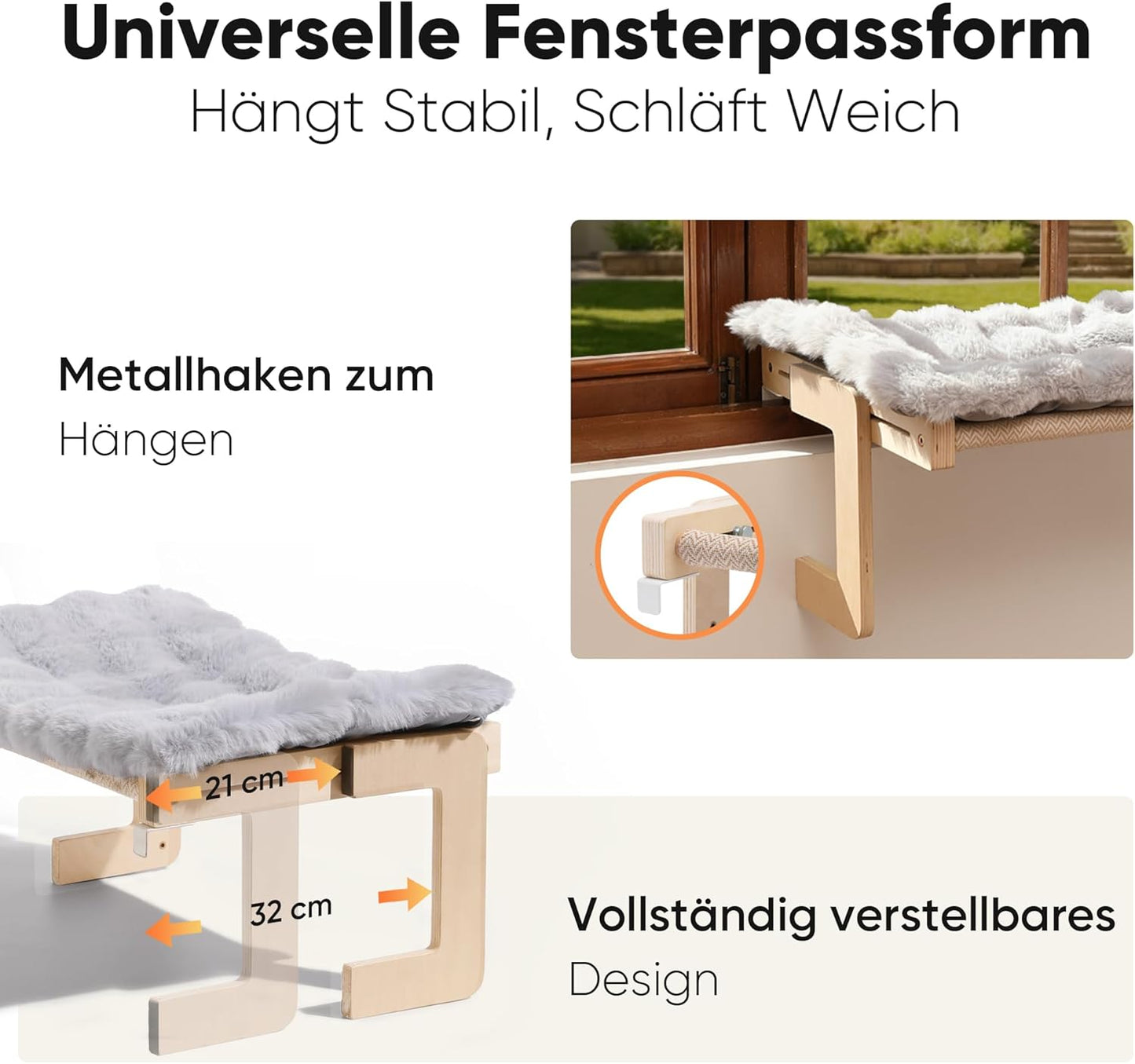 Katzen Fenster-Hängematte, Grau (Mit weichem Kissen)