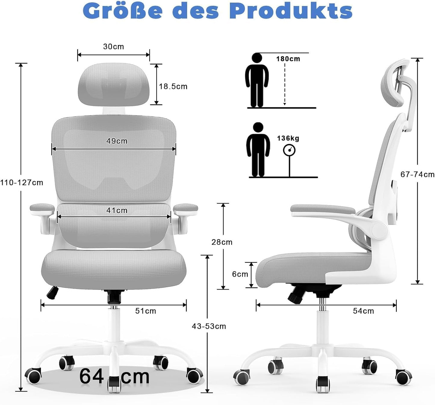 Ergonomischer Schreibtischstuhl mit Lordosenstütze, Grau 2 Mit Kopfstütze