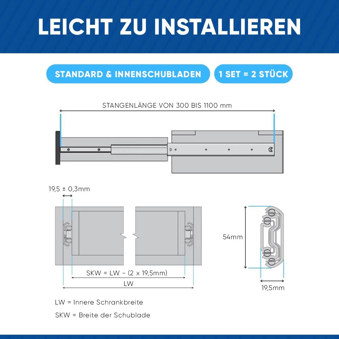 Vollauszug Schubladenschienen-Set (2 Stück, 850 mm), 1 Set= 2 Stück 850 mm