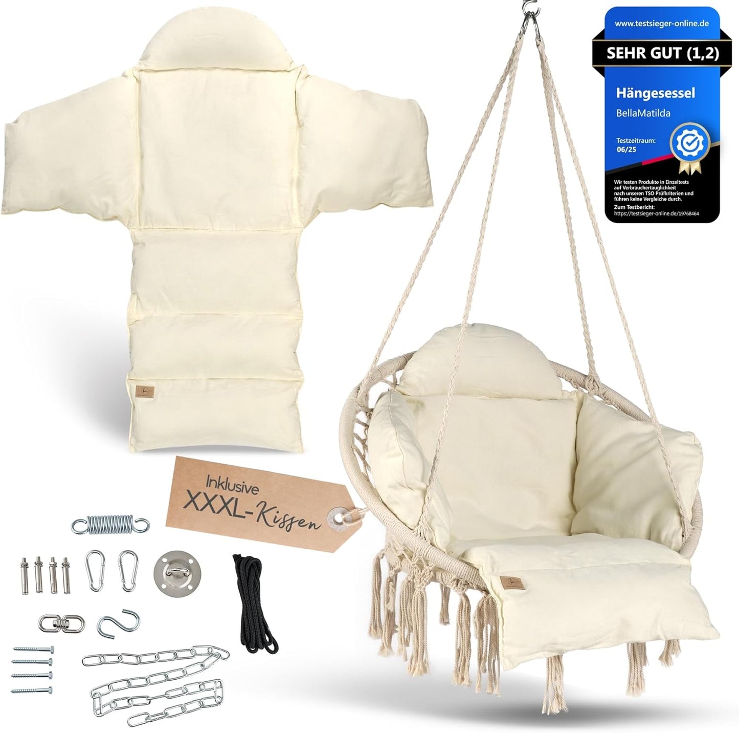Hängesessel mit Korb & XXXL Kissen, Beige