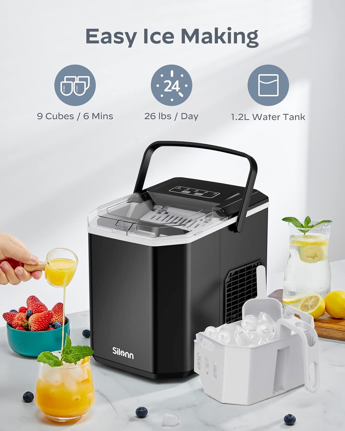 Eiswürfelmaschine SLIM21B-E mit Griff, tragbar & selbstreinigend, Schwarz-IM21 1.2 L