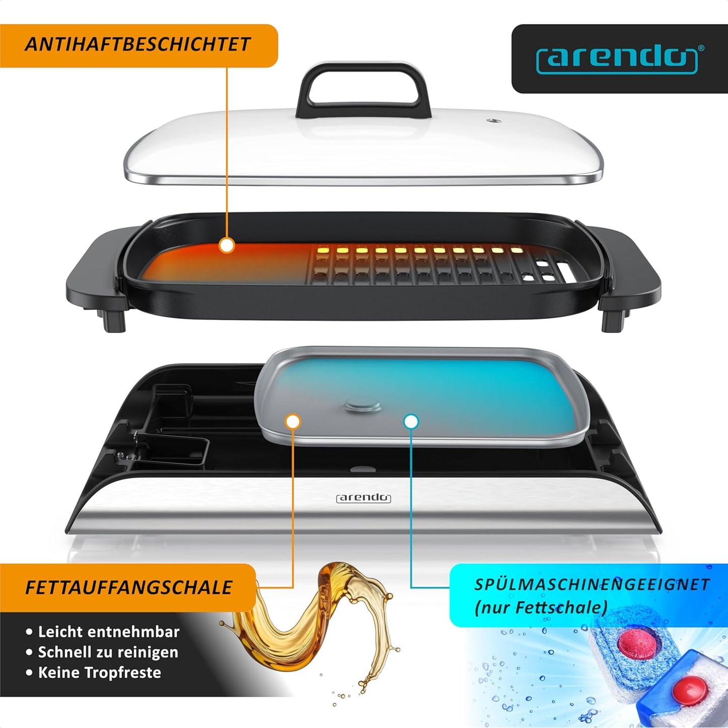 Elektro-Tischgrill mit Glasdeckel, 2000W
