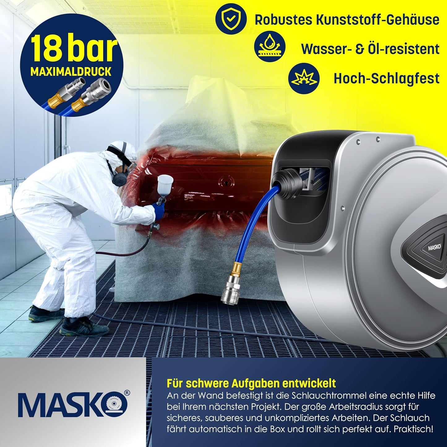 Automatik Schlauchtrommel mit Druckluftschlauch mit Wandhalterung, 30m Grau