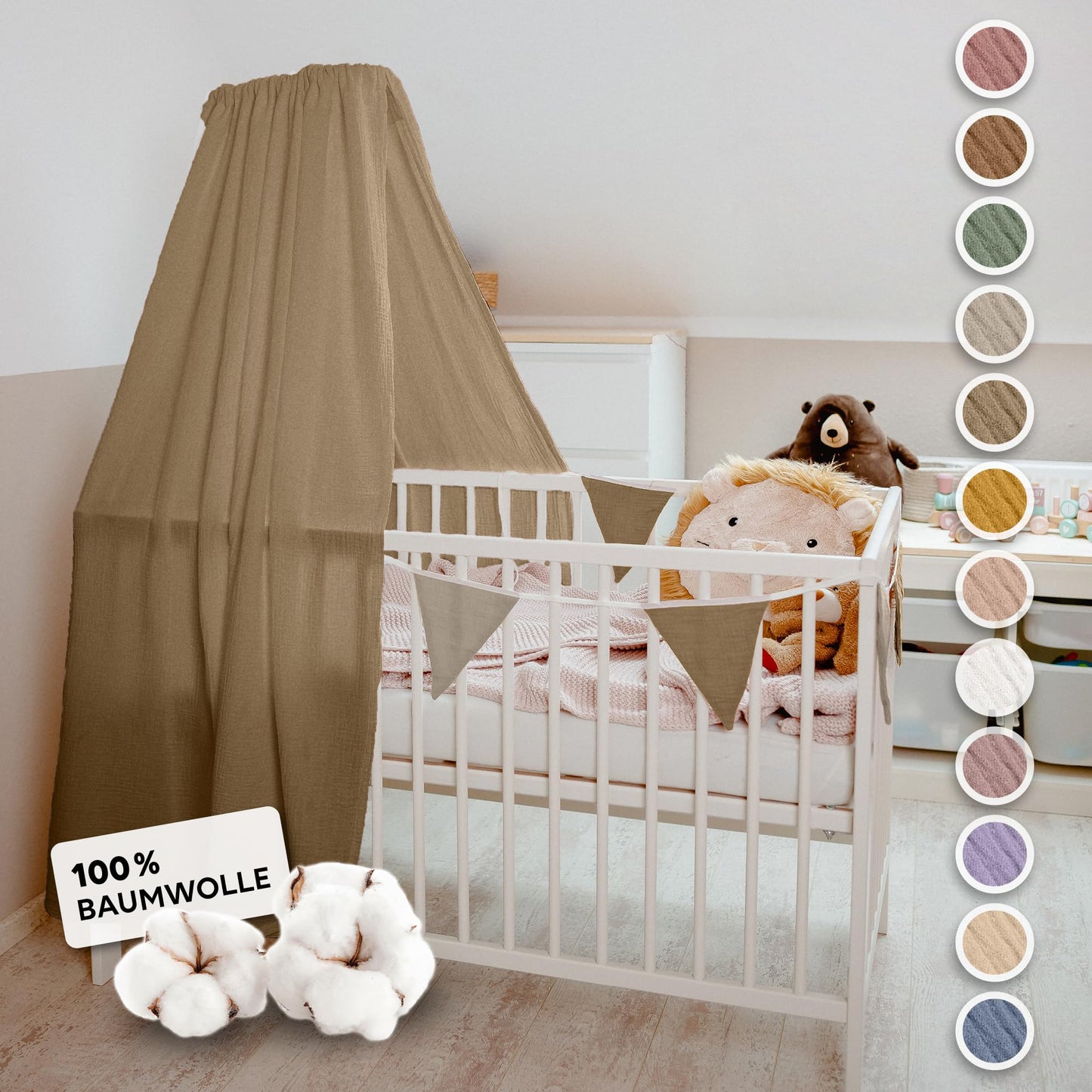 Betthimmel für Babybett inkl. Himmelstange, Dunkelbeige mit Himmelstange