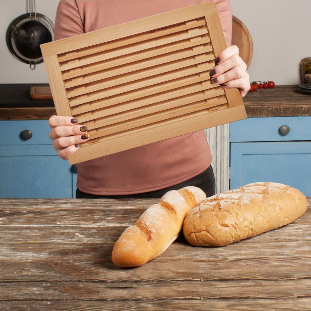 Brotschneidebrett mit Krümelgitter & Griffmulden, Brotschneidebrett Buchenholz