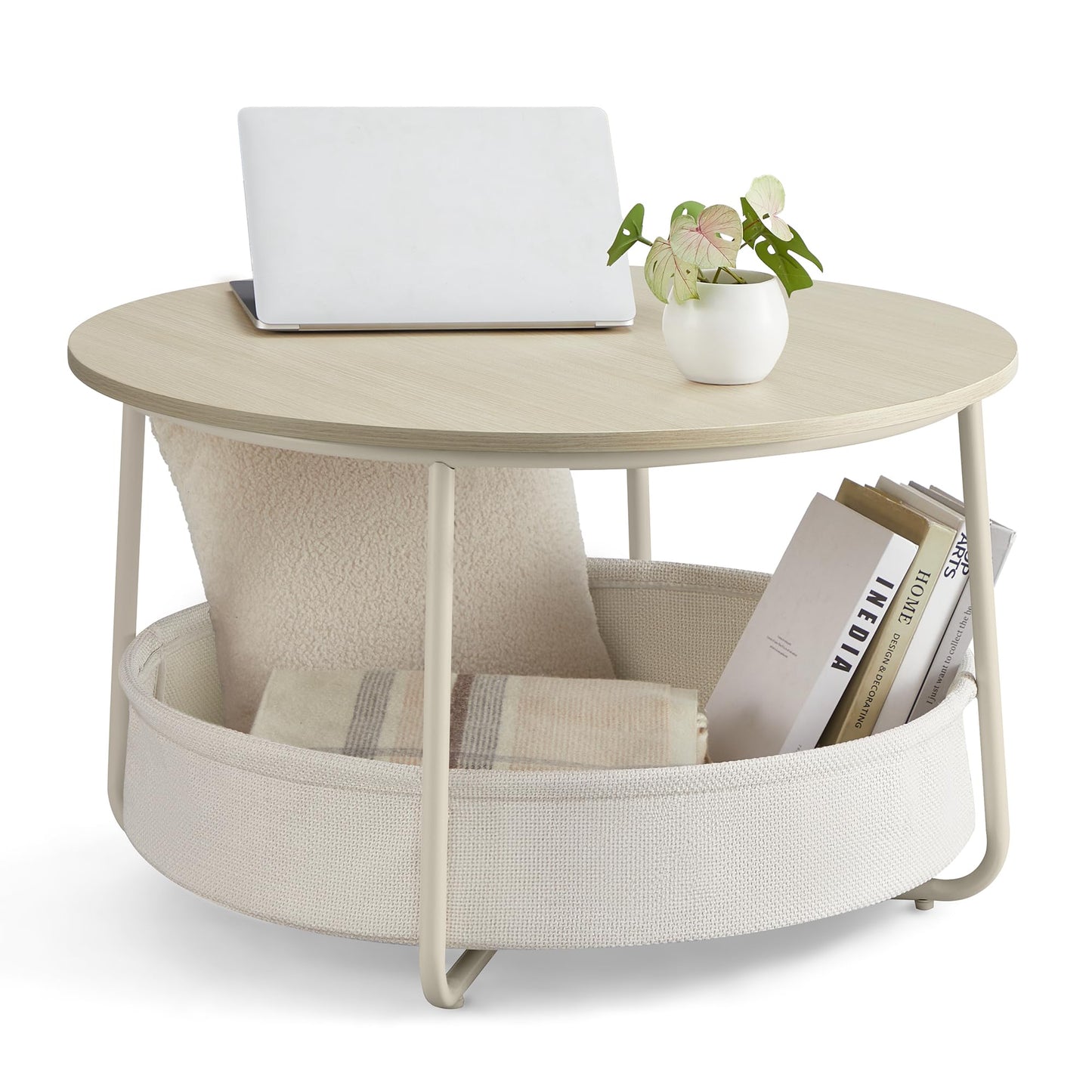 Runder Couchtisch mit Stauraum und Stoffkorb, Naturbeige + Cremeweiss rund