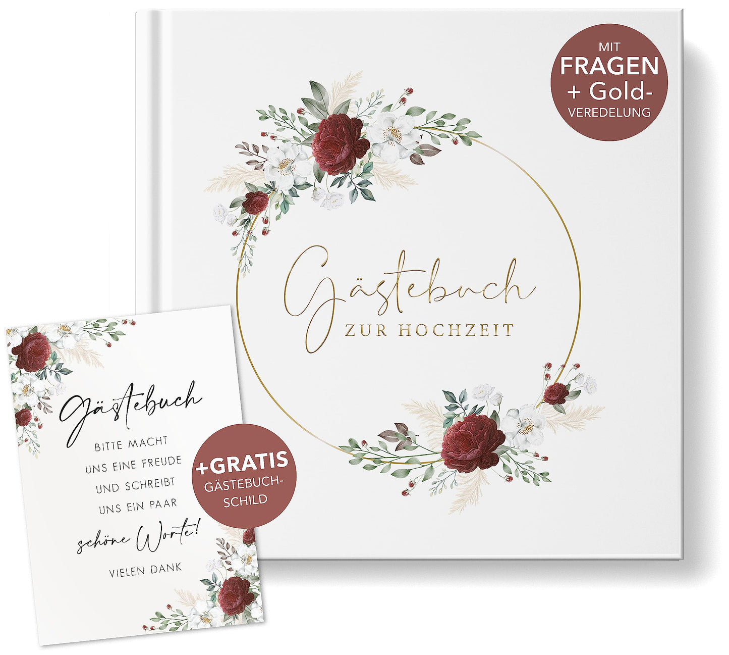 Hochzeit-Gästebuch mit Fragen zum Ausfüllen, mit Fragen Rot/Goldveredelung