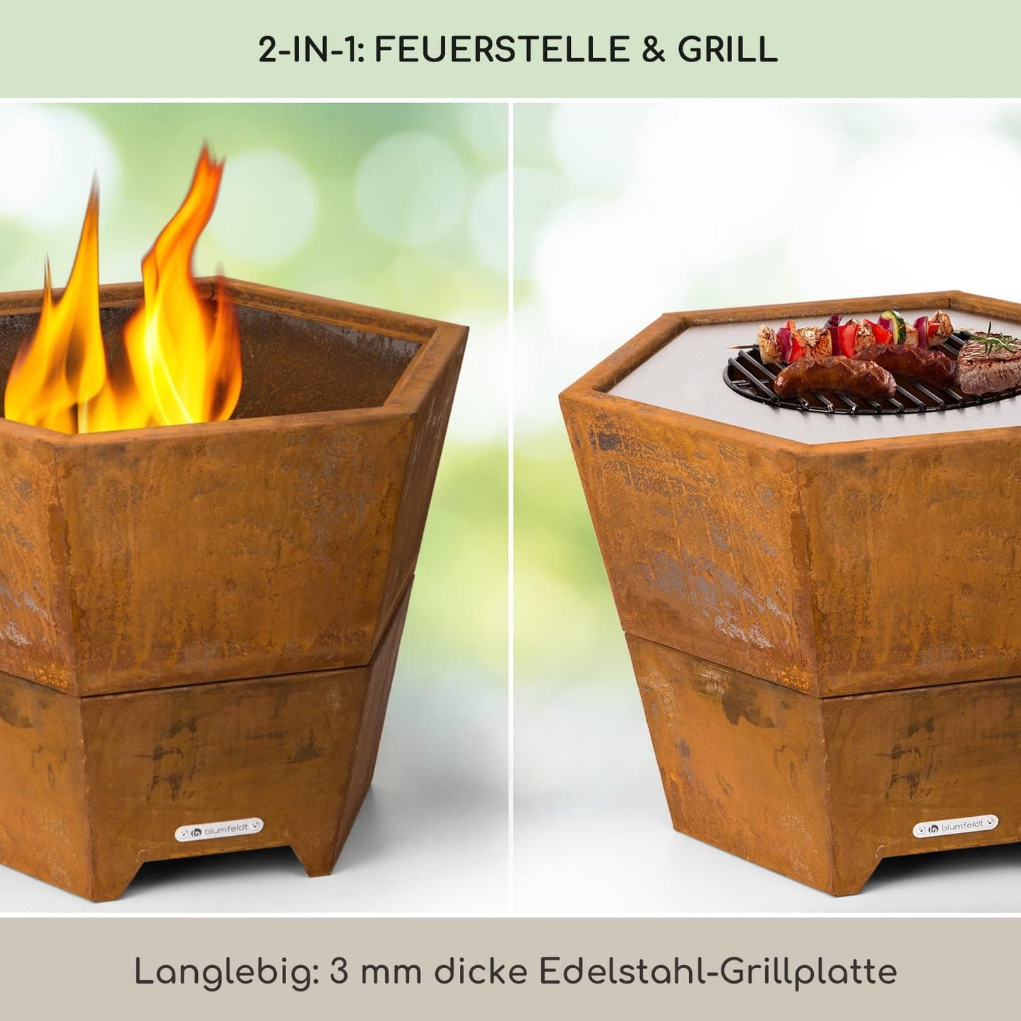 Sechseckige Feuerschale mit Grillrost, Hekla Rost