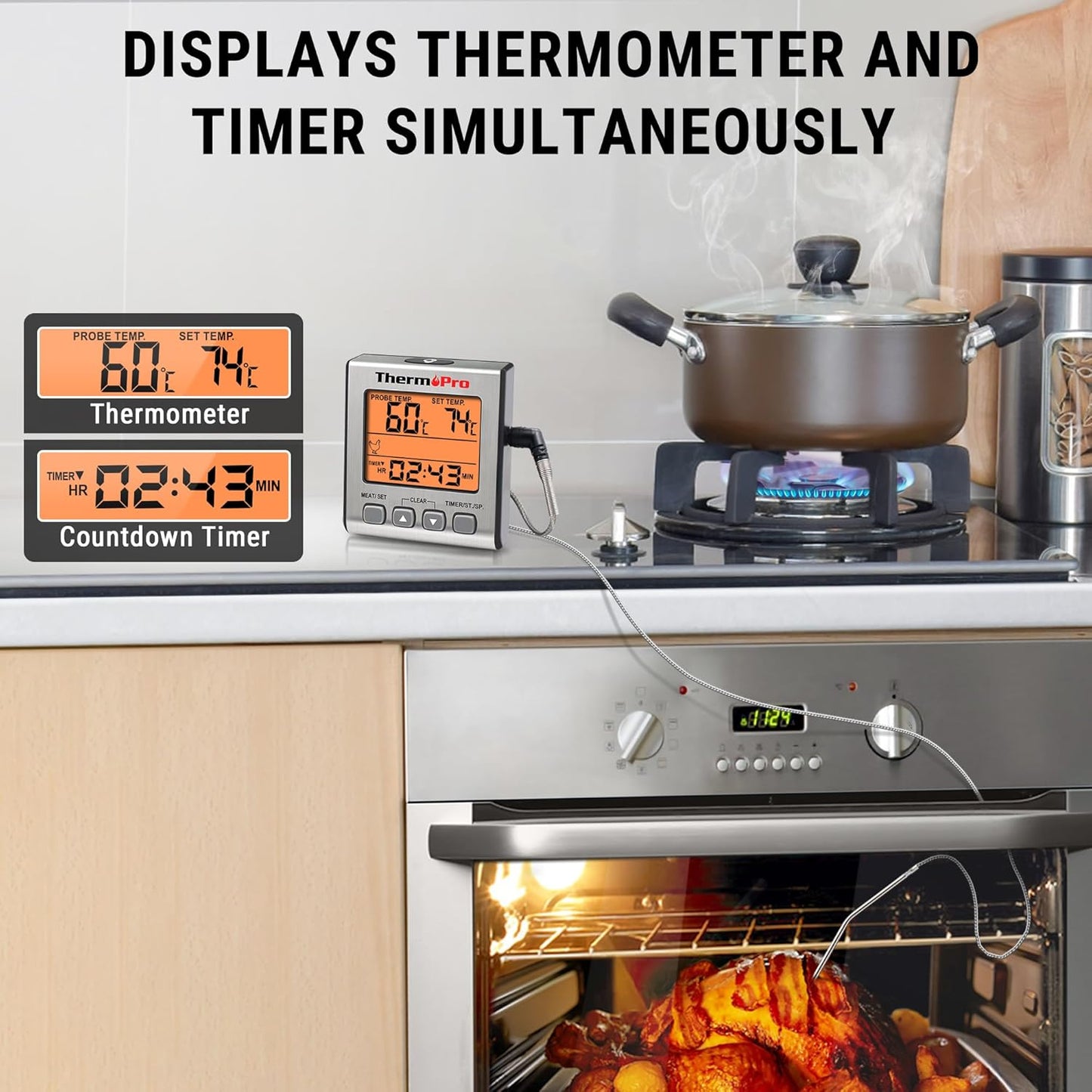 Digitales Grill- und Bratenthermometer mit Timer, Edelstahl mit Hintergrundbeleuchtung