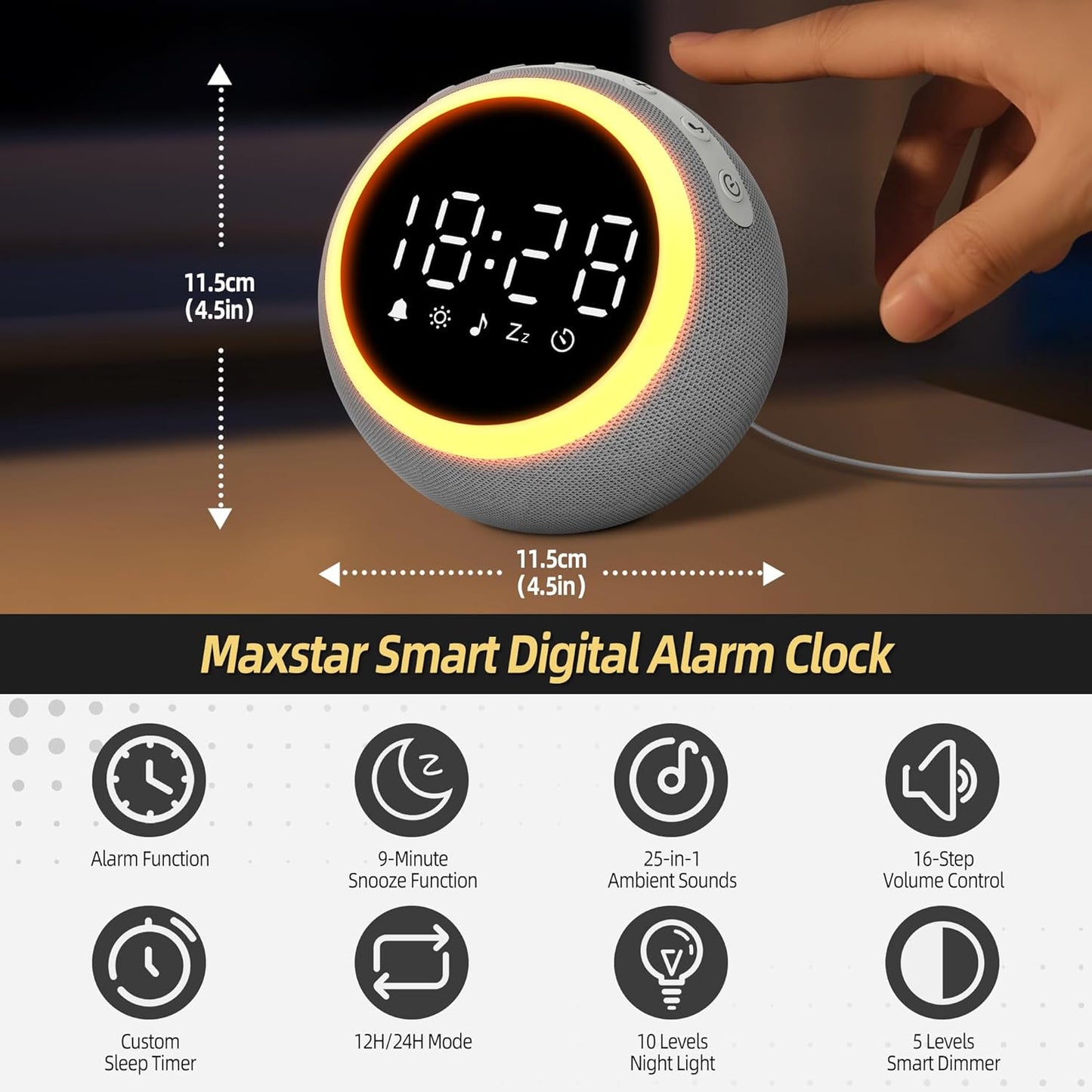 Digitalwecker mit Entspannungstönen & dimmbares Nachtlicht, 12CM Grau