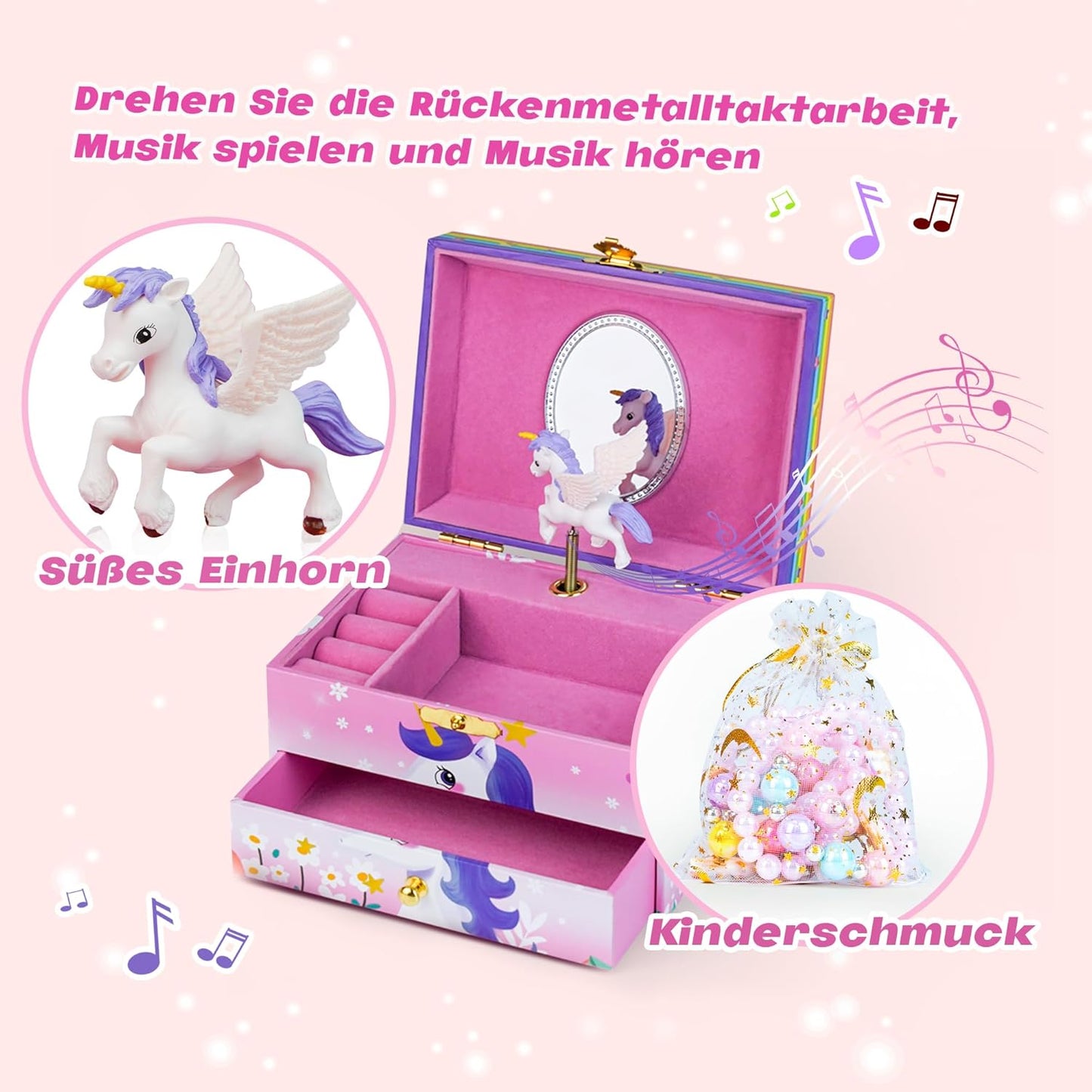 Schmuckschachtel mit Musik,, Zweilagiges Einhorn Rosa