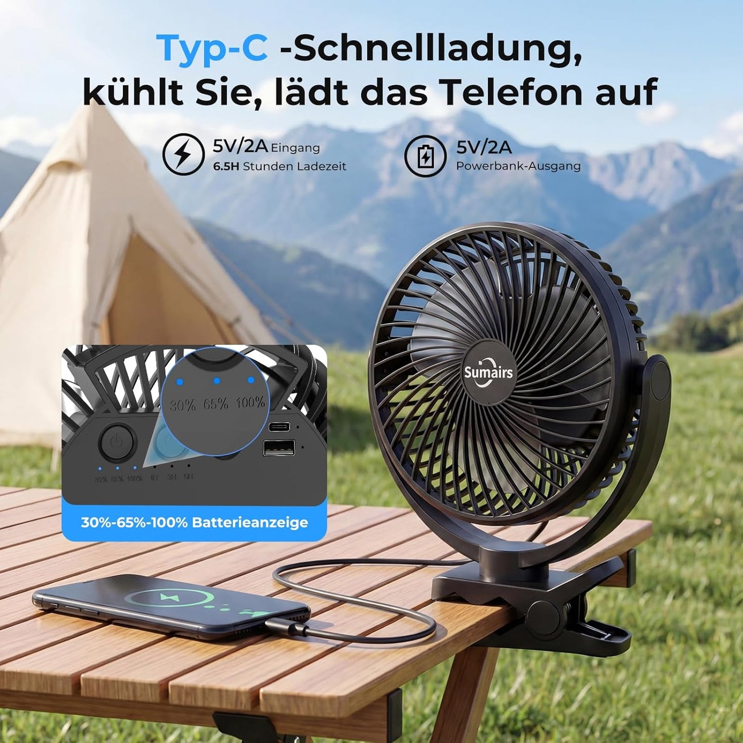 Campingventilator mit LED-Licht und Powerbank-Funktion, 20cm