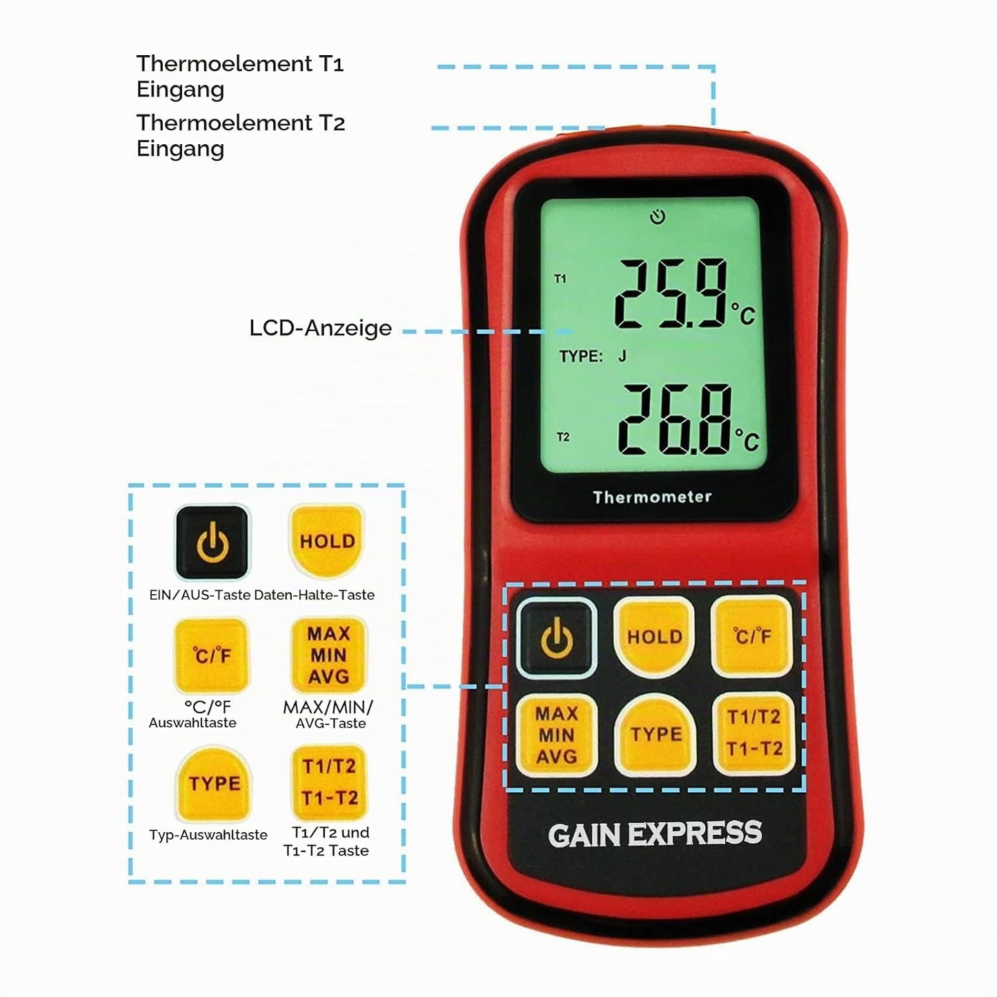 Zweikanal-Digitalthermometer mit Thermoelementen, rot