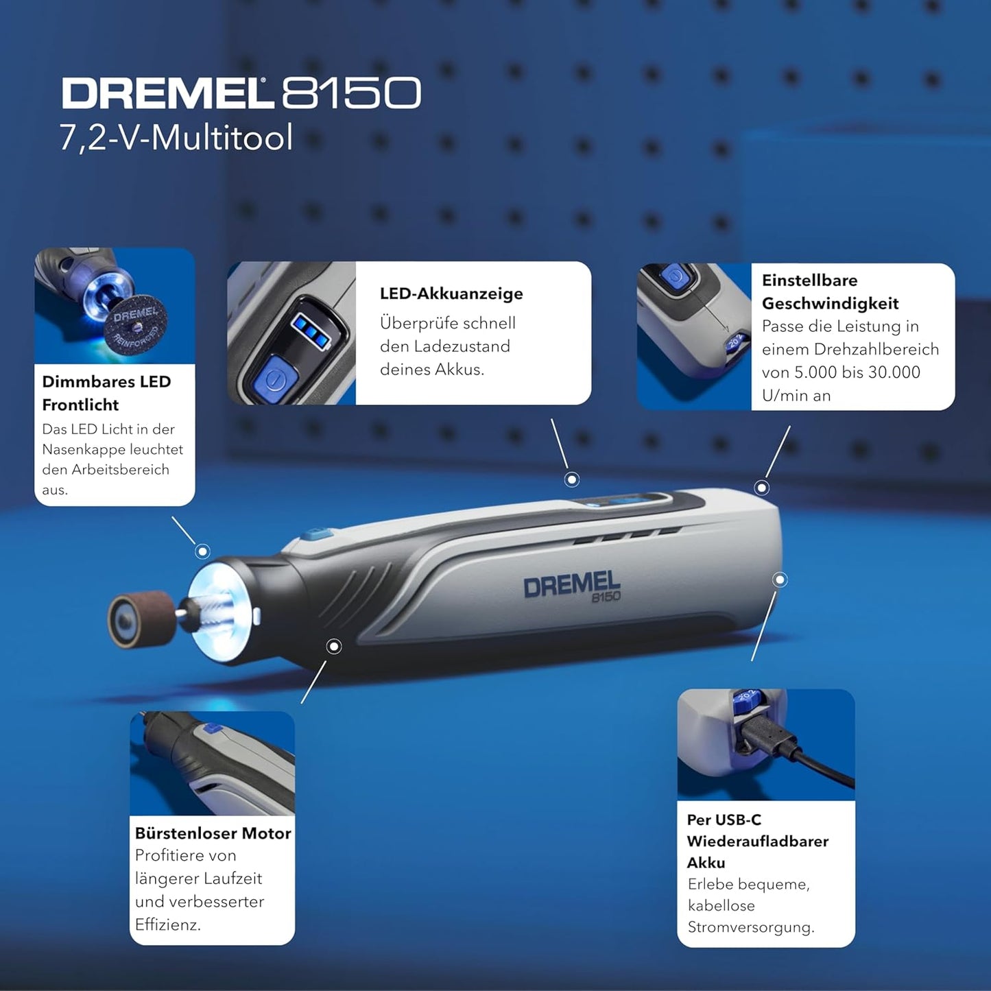 Bürstenloses 8150 Akku-Multitool-Set mit 20 Zubehörteile, Dremel 8150 Bürstenloses Akku-Multitool-Set