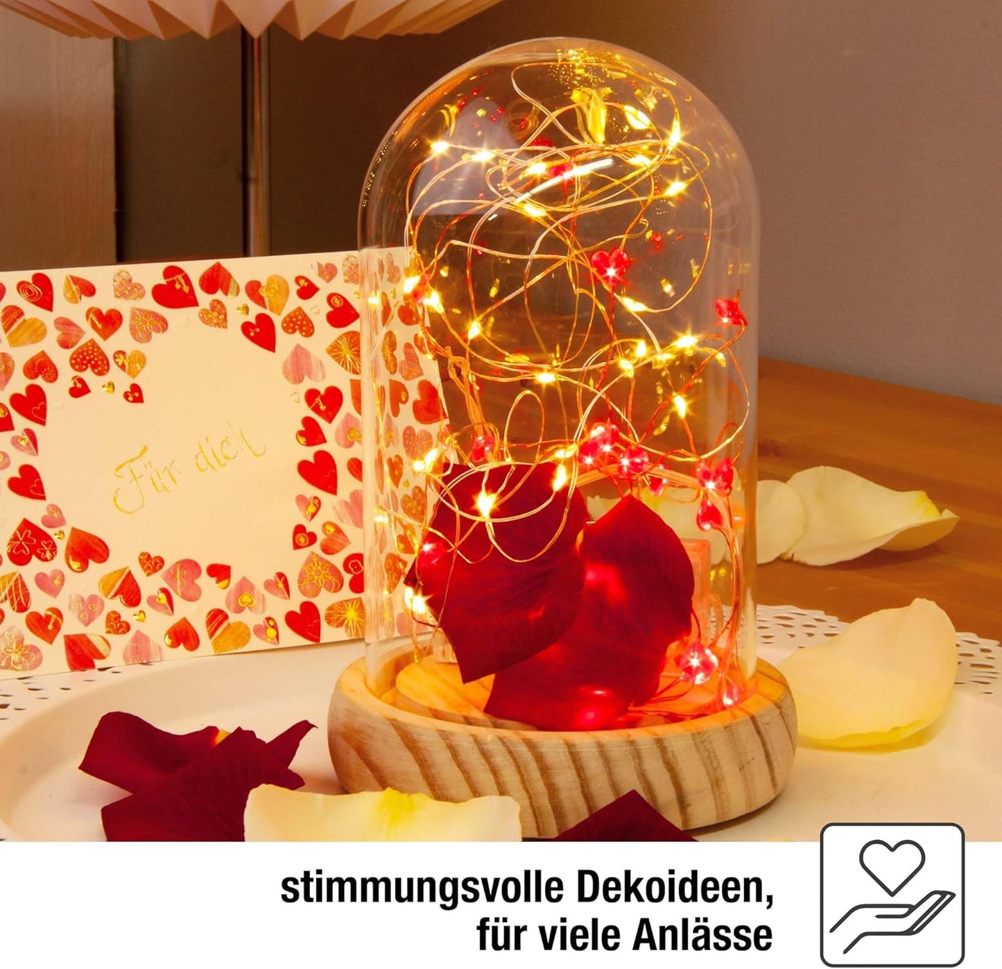 DIY Glasglocken-Set mit Herzlichterkette, 50 LEDs, Glasglocke mit Herzlichterkette Set