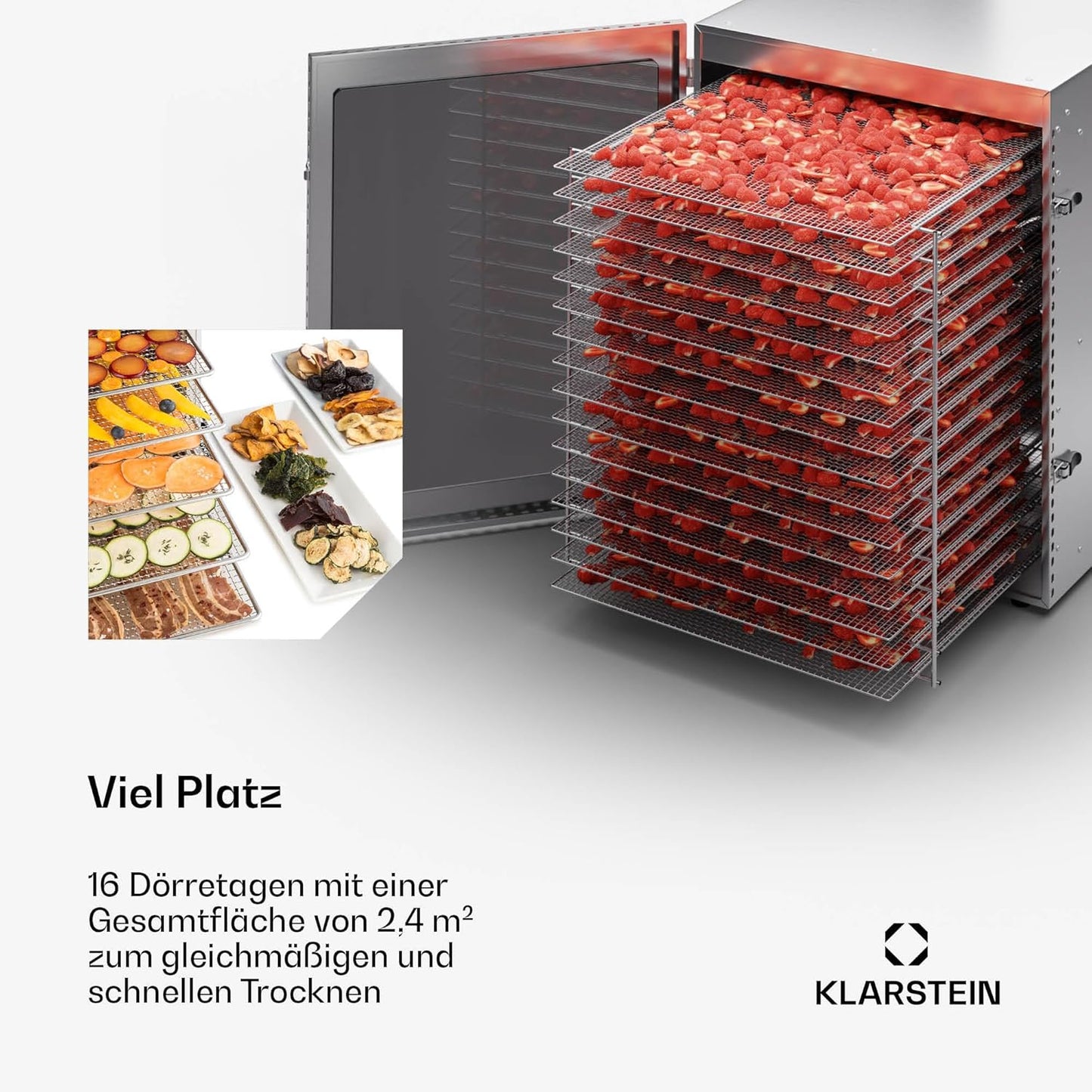 Dörrgerät mit 16 Tabletts & Timer, 16 Tabletts Edelstahl_stahl