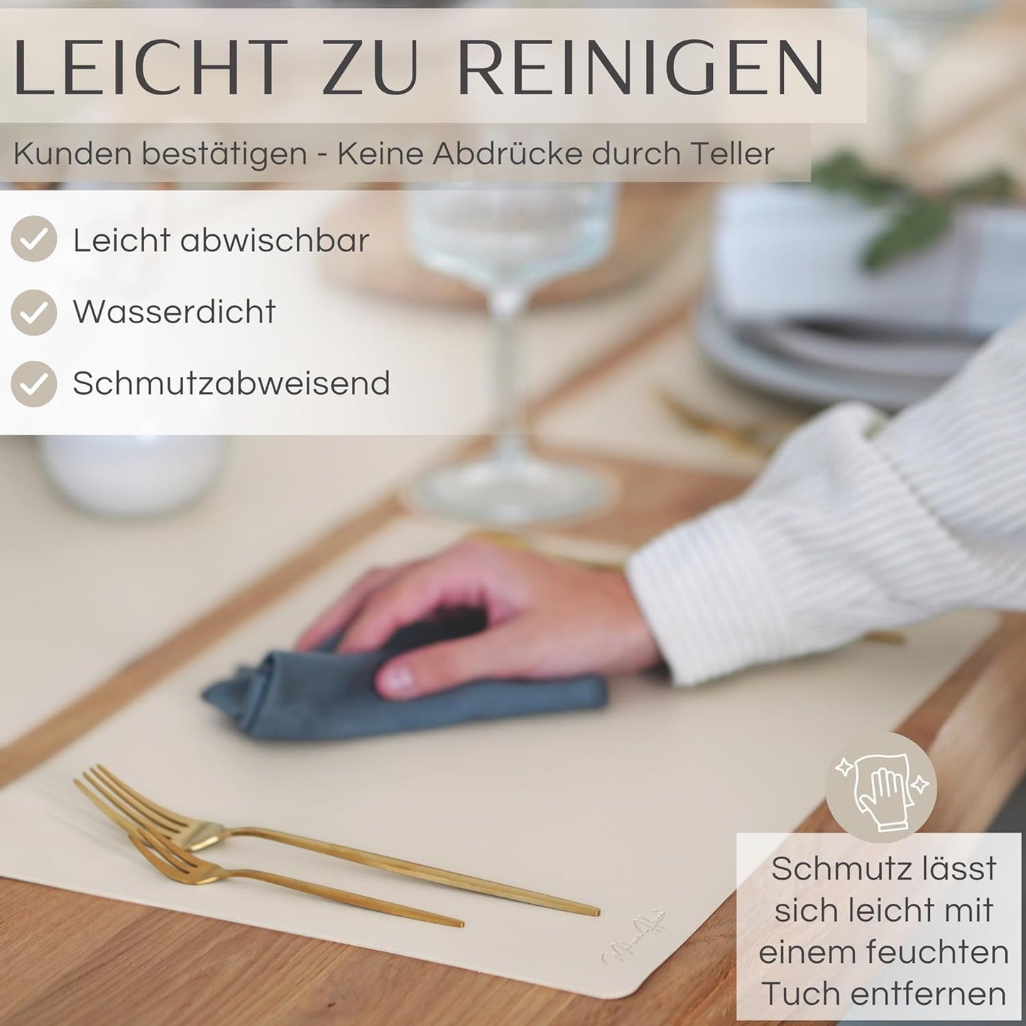 6er-Set Premium Tischset aus Kunstleder, Cremebeige Eckig mit Halter