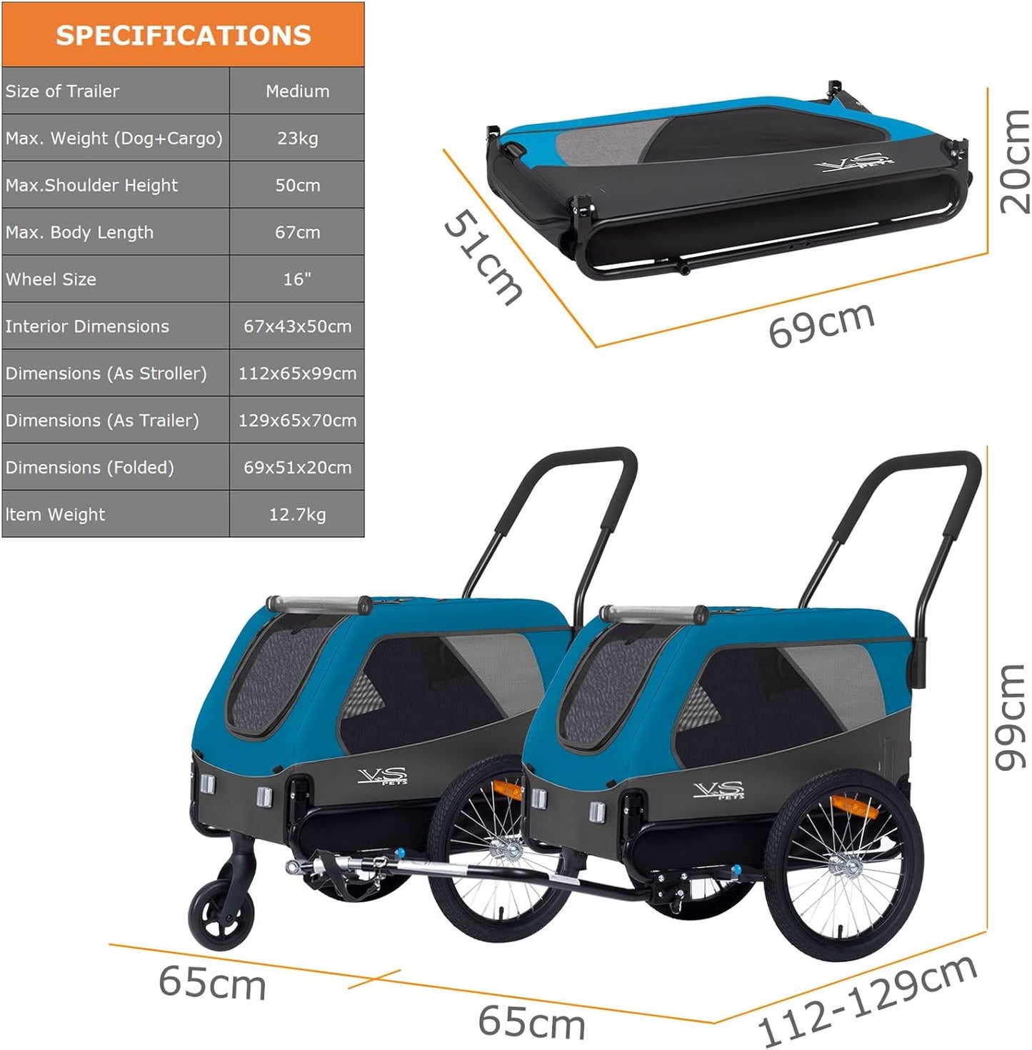 Hundeanhänger und Buggy für Hunde bis 23kg, Blau/Grau