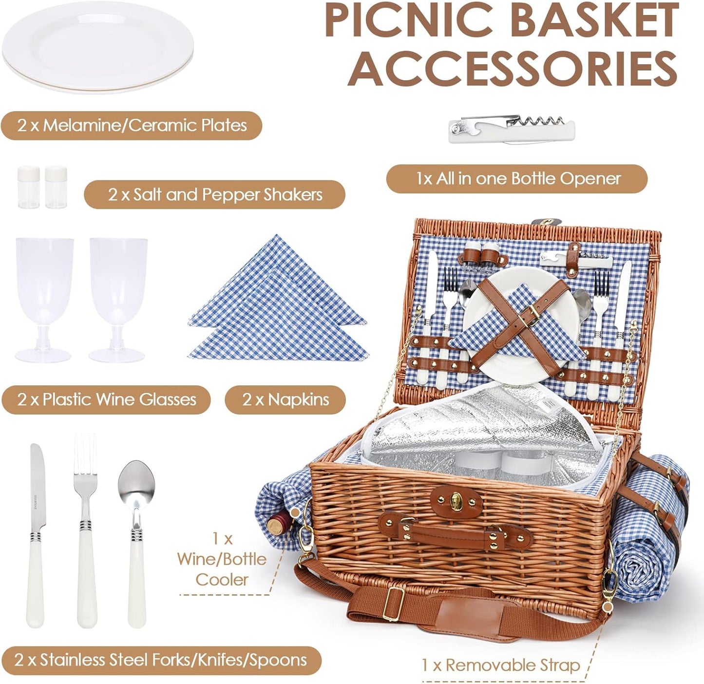 Picknickkorb-Set für 2 Personen mit Kühlfach, [Bo] Blue & White 2 Personen