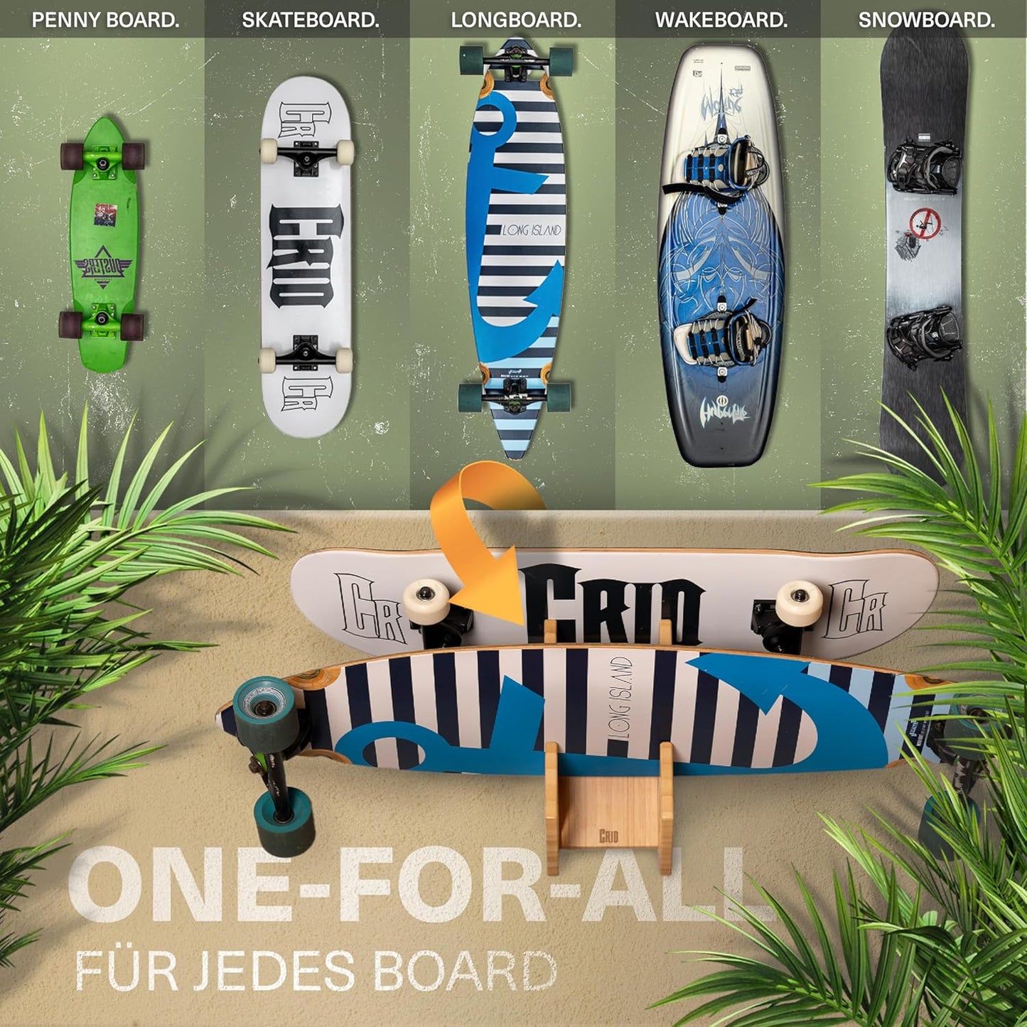 Doppel Skateboard Wandhalterung aus Bambus